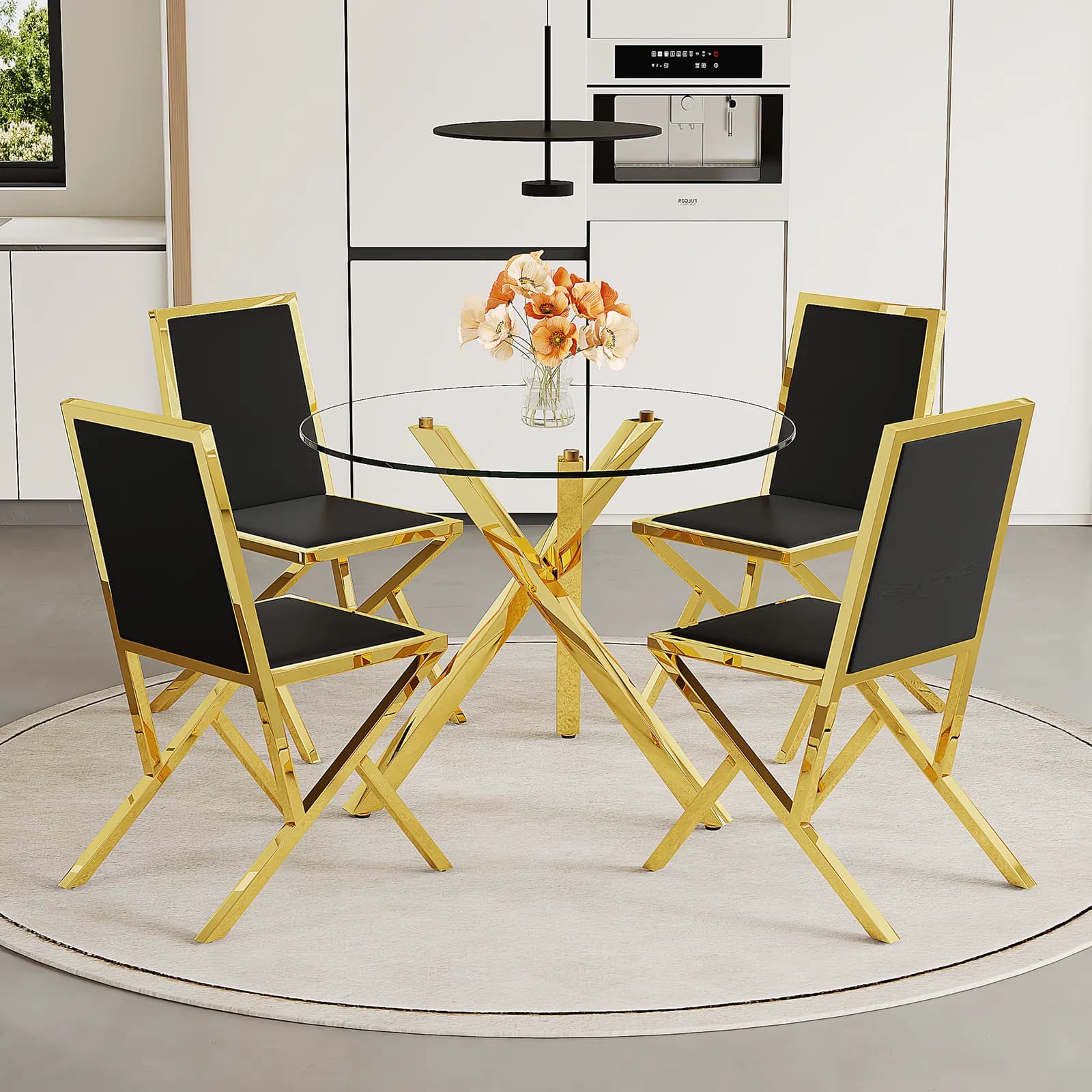 Table and chair set, Modern glass round table:39 inch diameter, X-shaped golden metal…