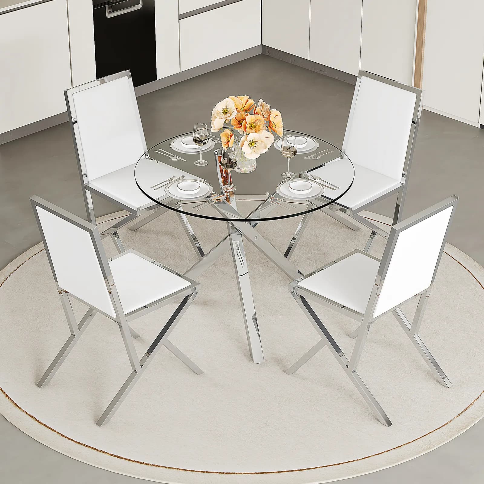 Table and chair set, Modern glass round table:39 inch diameter, X-shaped silver metal…