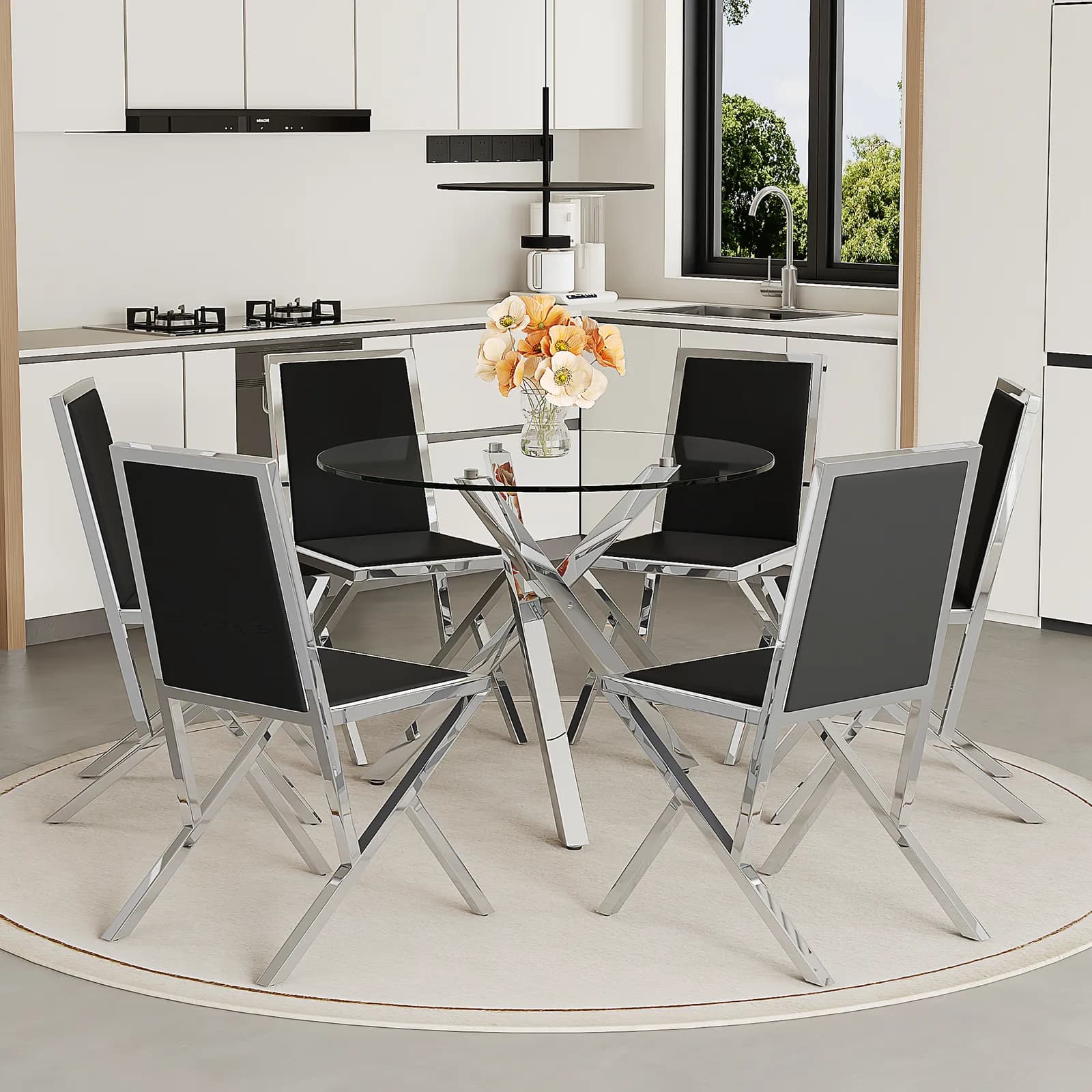Table and chair set, Modern glass round table:39 inch diameter, X-shaped silver metal…