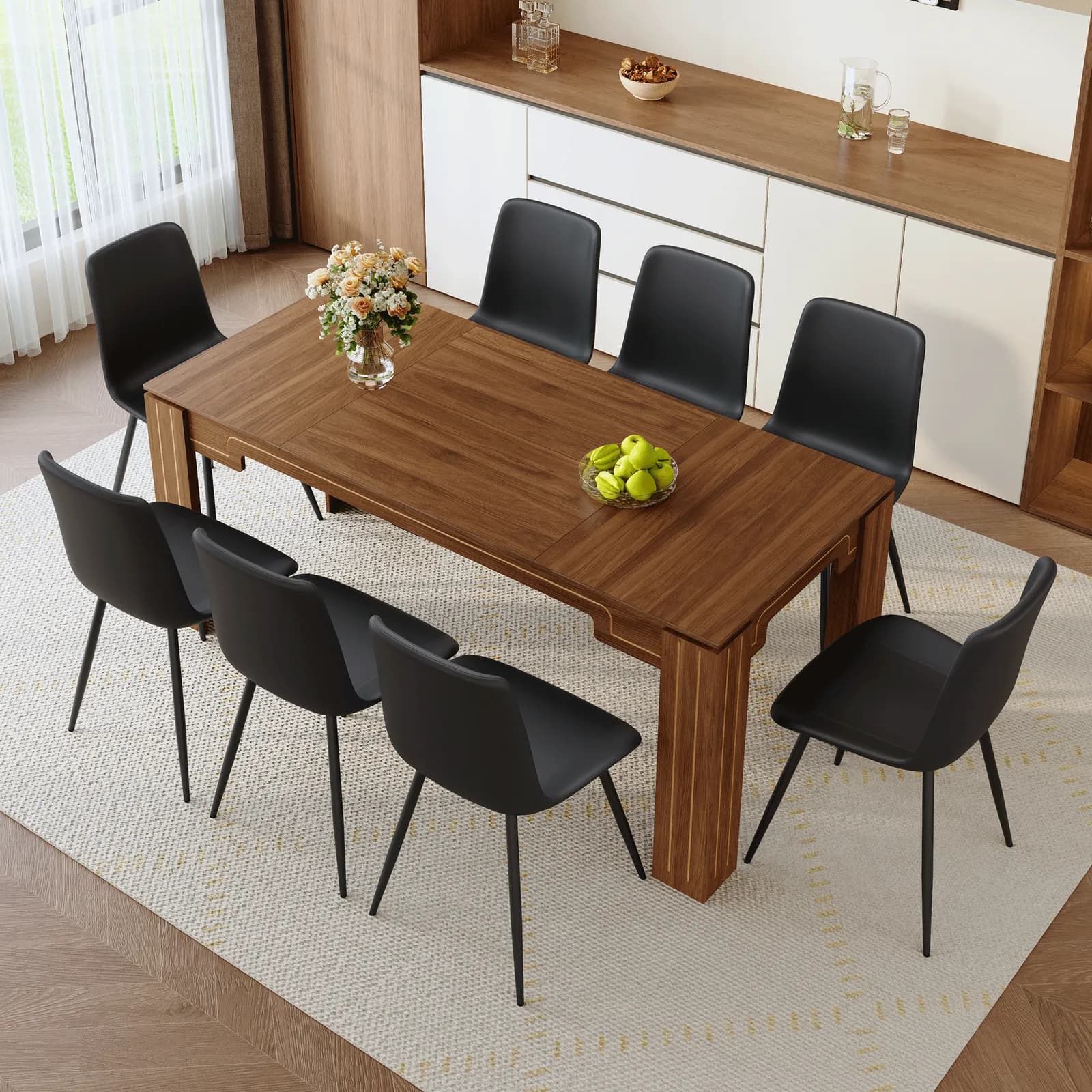 Table and Chair Set, 71 × 31, 5 inch walnut wood grain dining table, Paired With 8 Black…