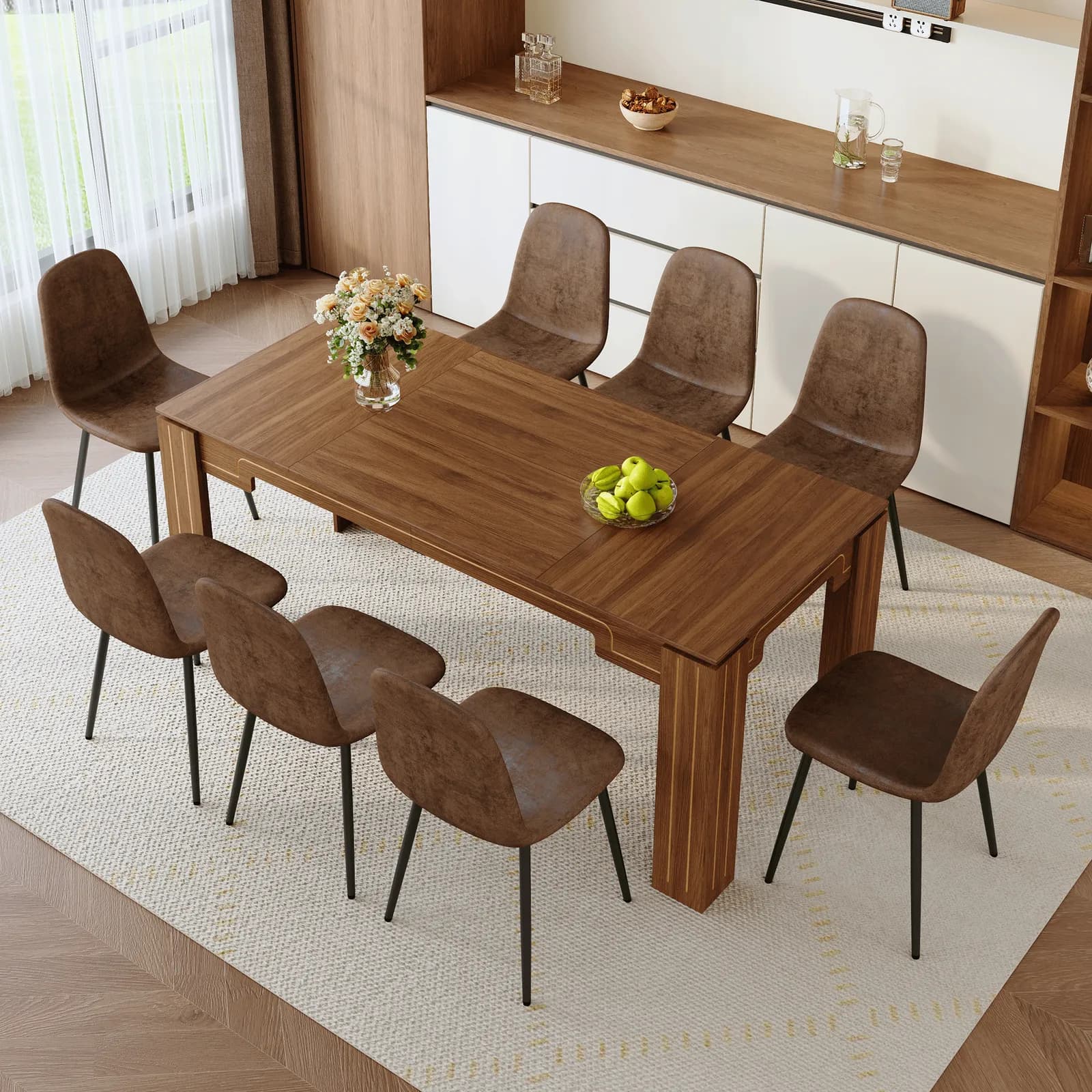 Table and Chair Set, 71 × 31, 5 inch walnut wood grain dining table, Paired With 8…