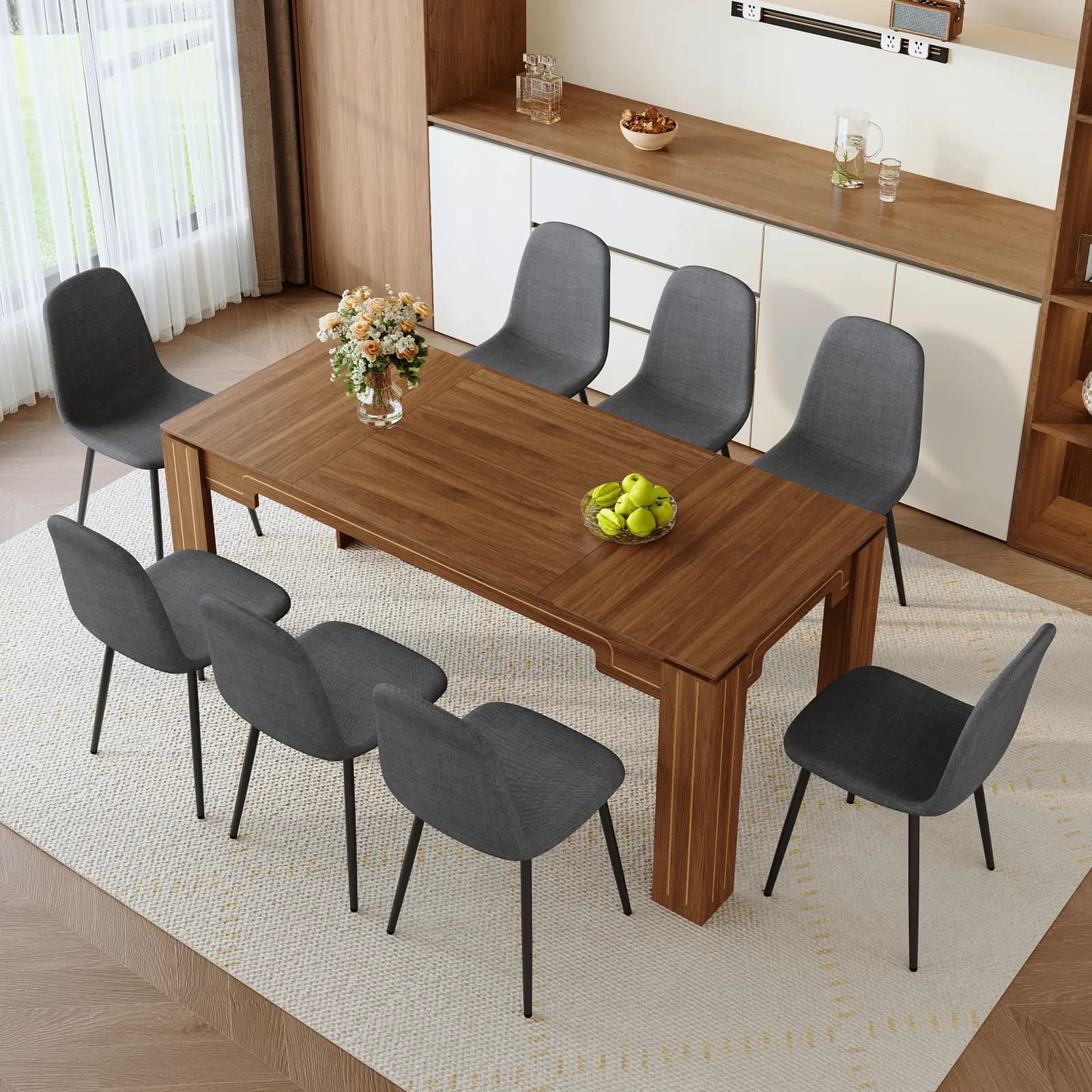 Table and Chair Set, 71 × 31, 5 inch walnut wood grain dining table, Paired With 8 Dark…