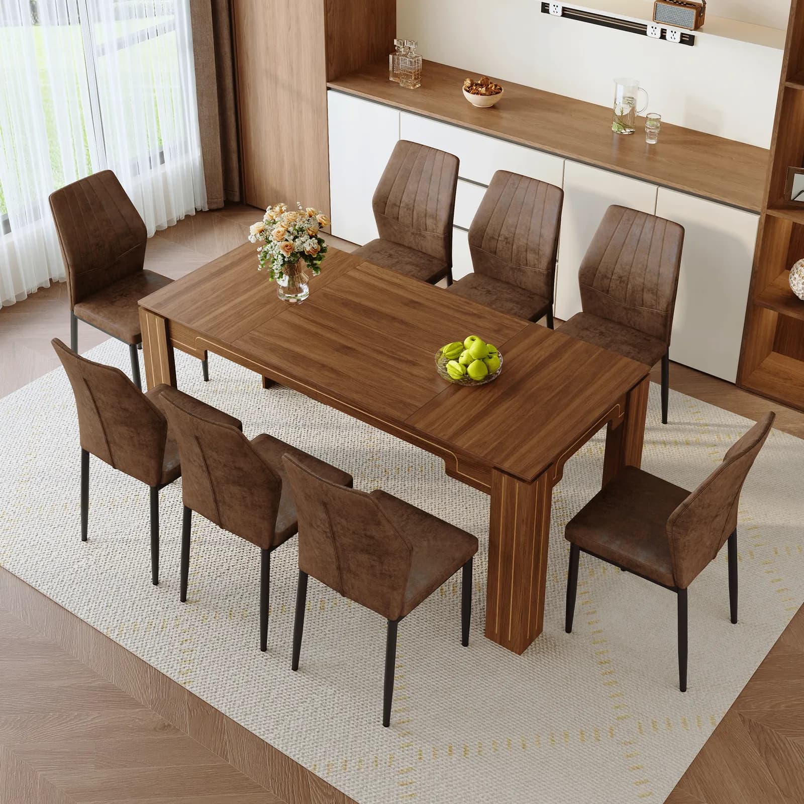 Table and chair set, 71 × 31, 5 inch walnut wood grain dining table, Paired With 8 brown…