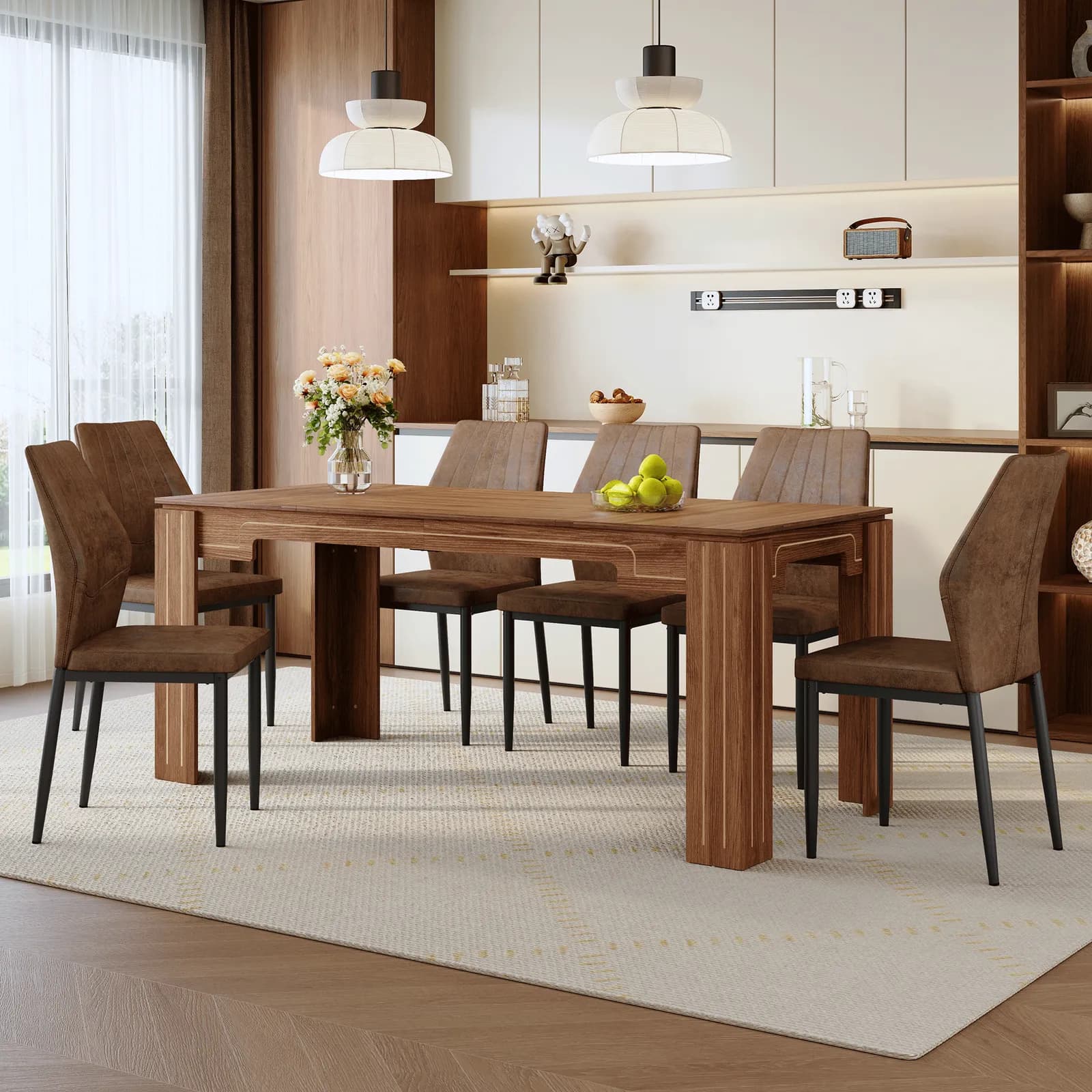 Table and chair set, 71 × 31, 5 inch walnut wood grain dining table, Paired With 6 brown…