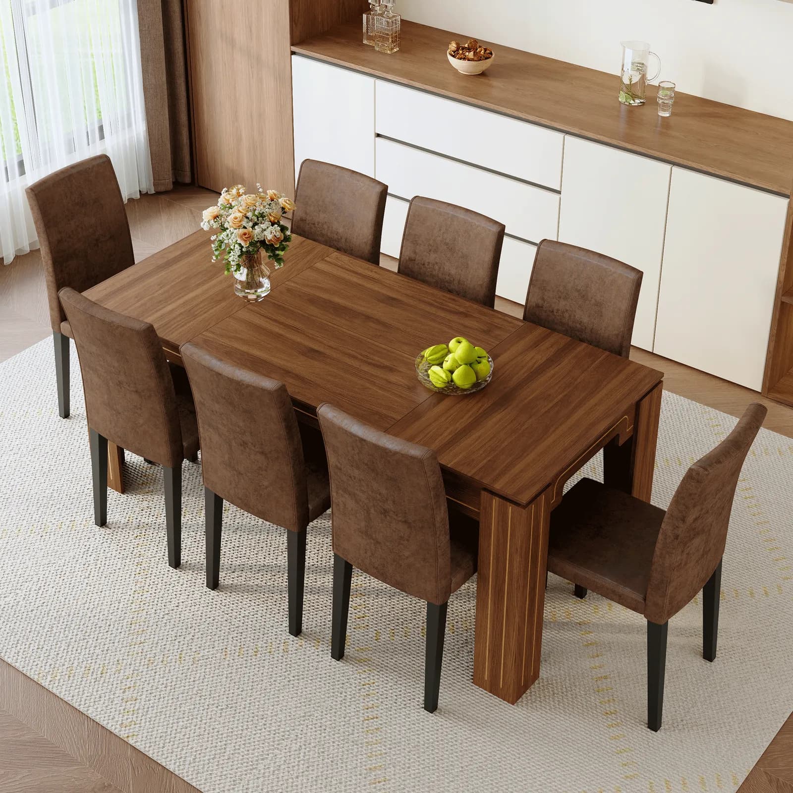 Table and Chair Set, 71 × 31, 5 inch walnut wood grain dining table, paired with a set of…