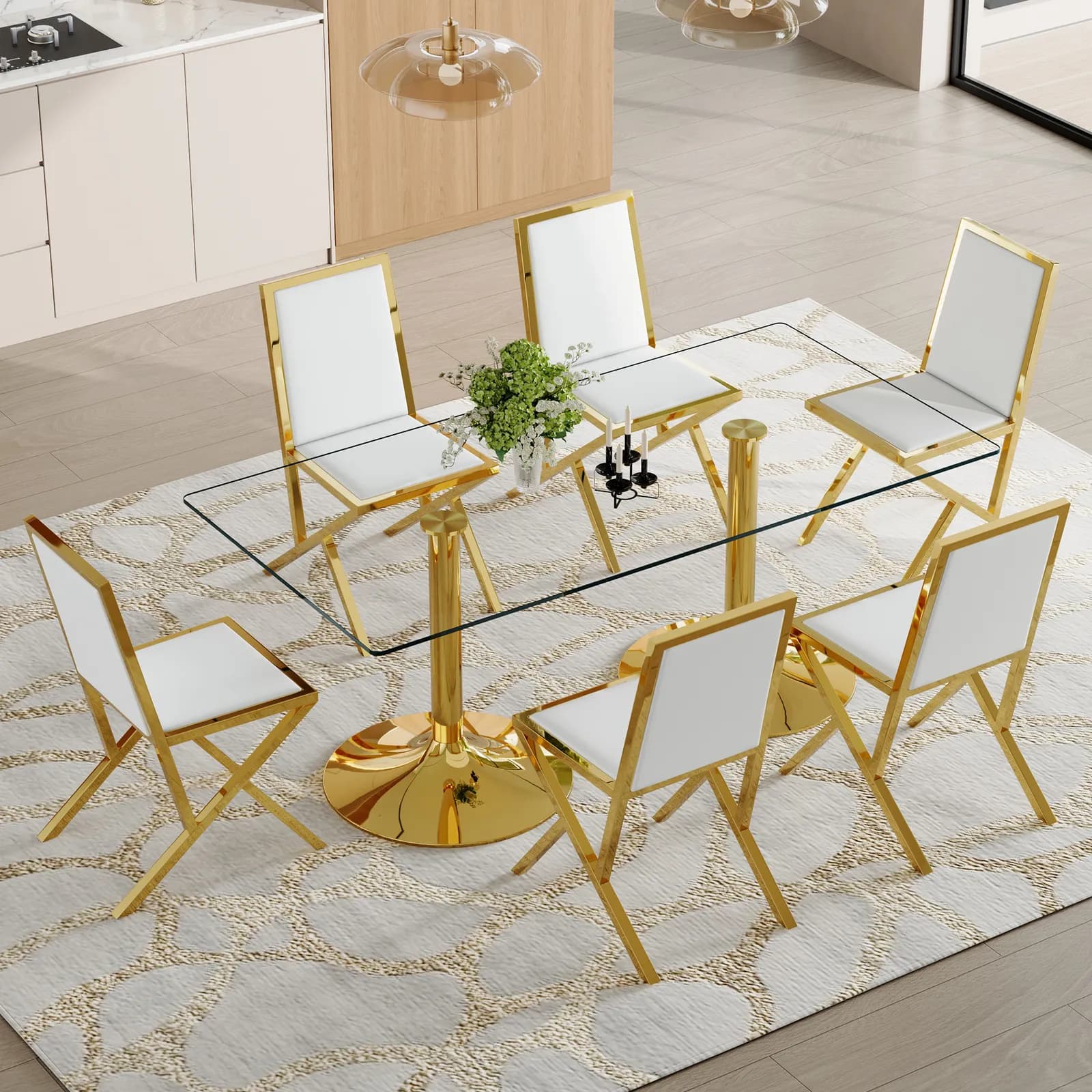 Table and chair set, 71 x 35, 4-inch tempered glass table, 6 golden metal framed white PU…