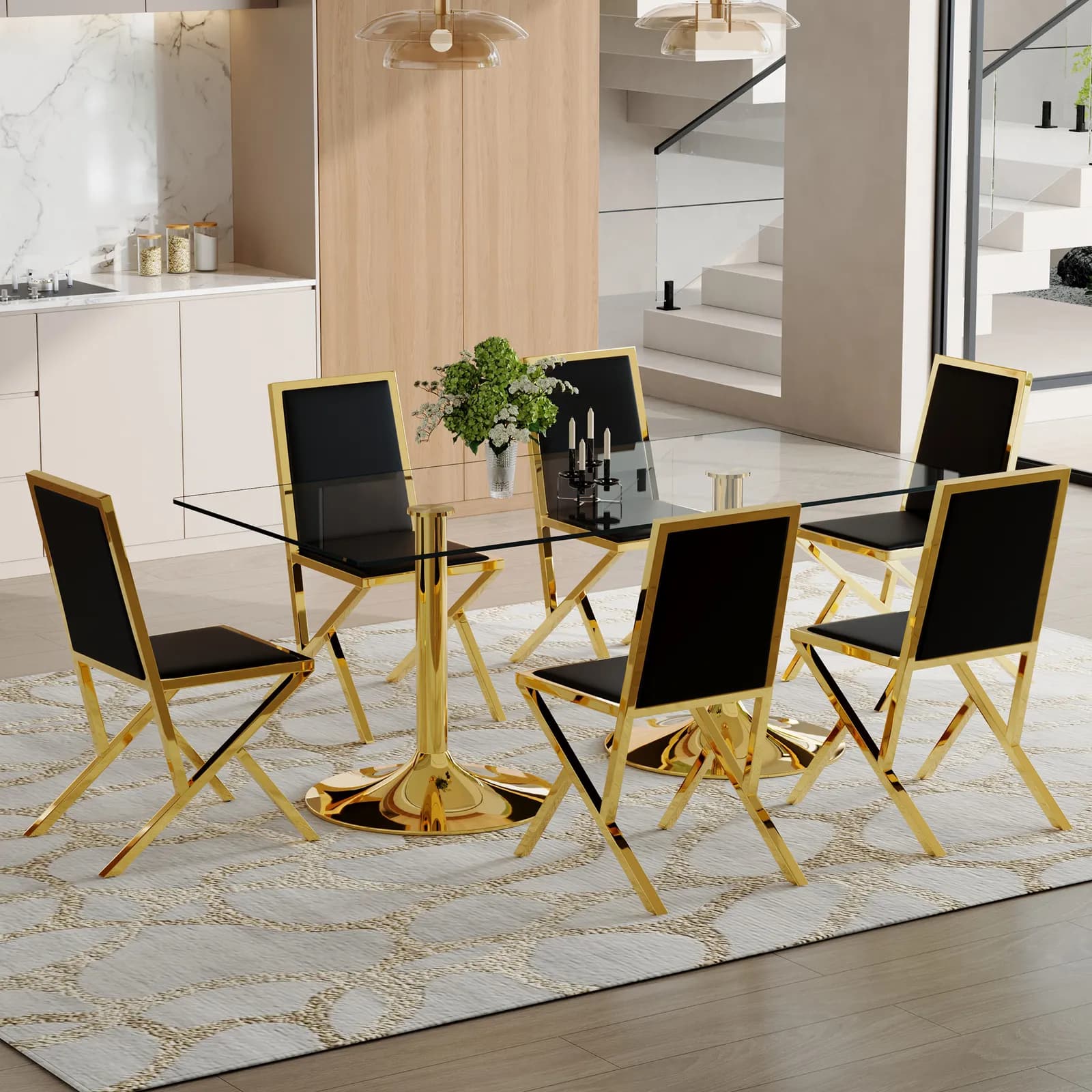 Table and chair set, 71 x 35, 4-inch tempered glass table, 6 golden metal framed black PU…