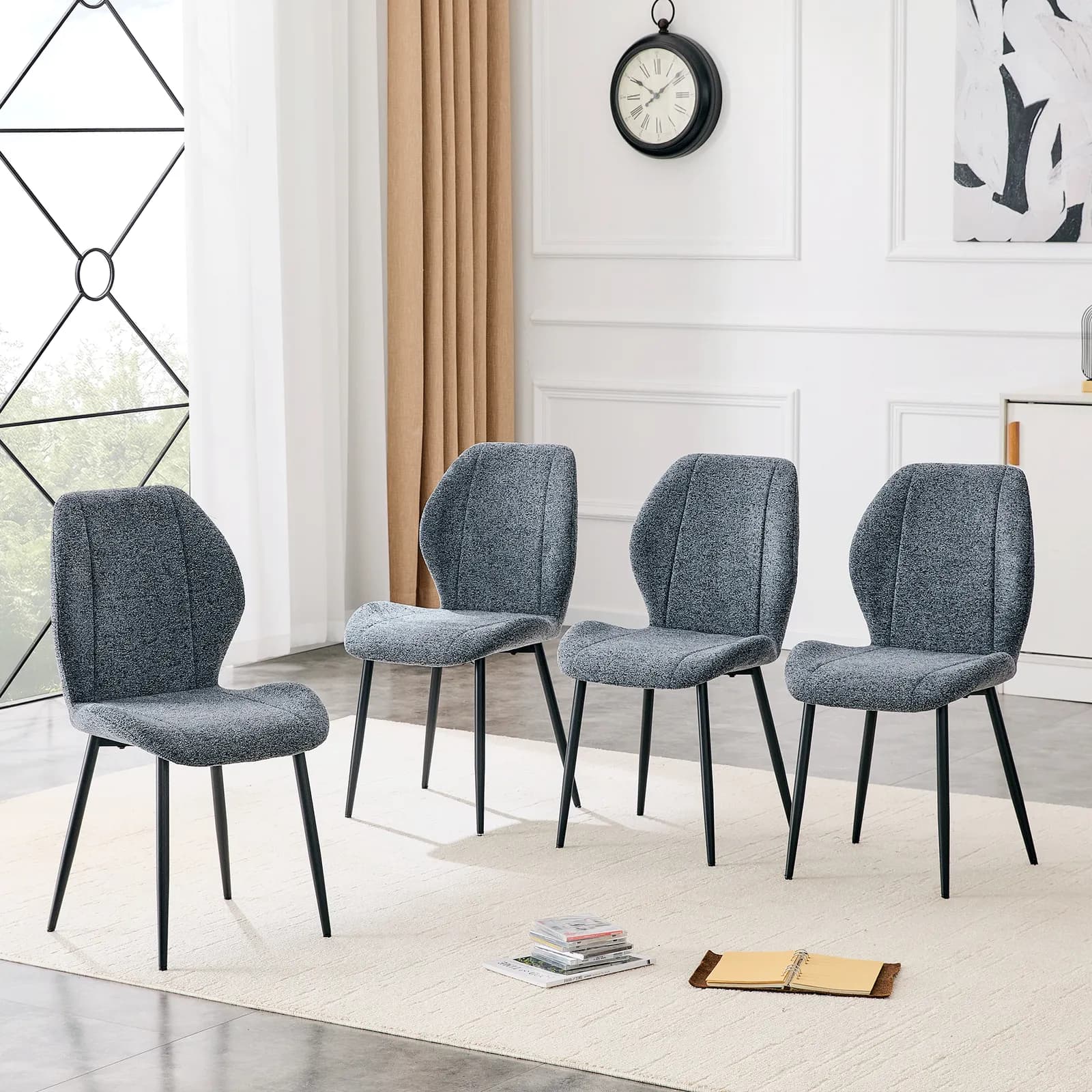 4-pack of modern minimalist dining chairs in smog blue fabric, featuring spacious and…