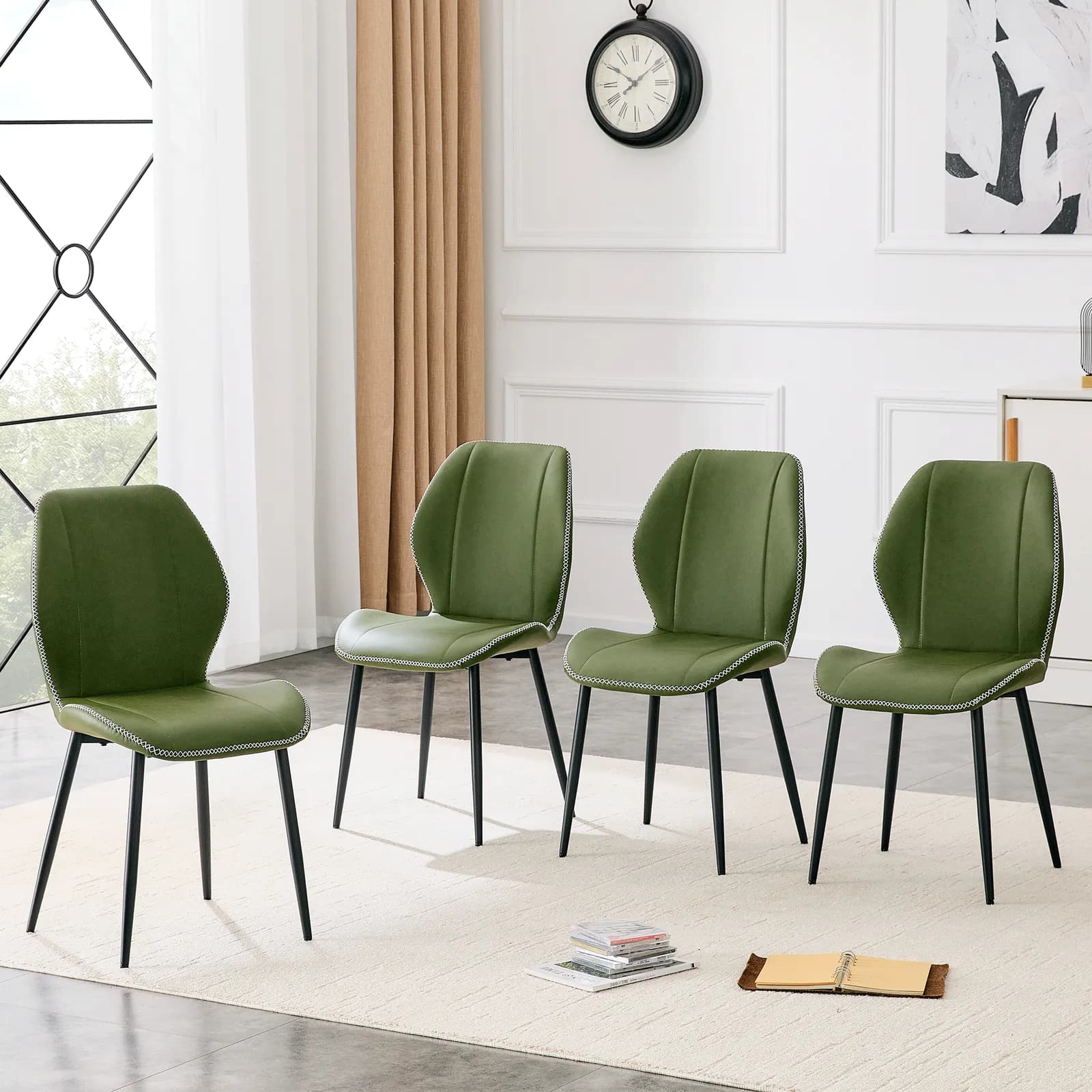 4 sets of retro olive green PU dining chairs with a spacious and comfortable cushion,…