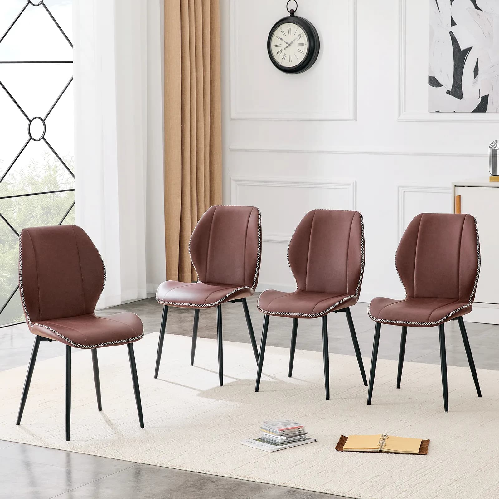 4-Pack Reddish-brown Light Luxury Household PU Leather Dining Chairs, Multiple colors…