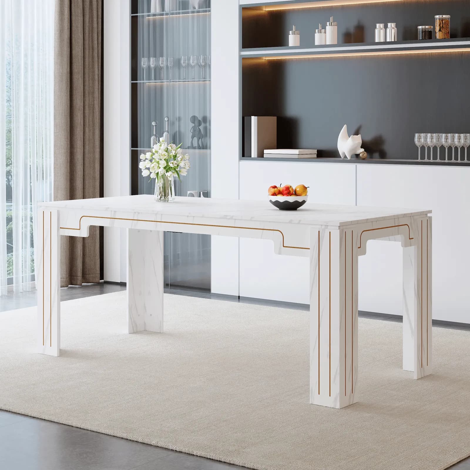 71 × 31, 5 inch white marble patterned MDF spliced tabletop dining table with grooved…