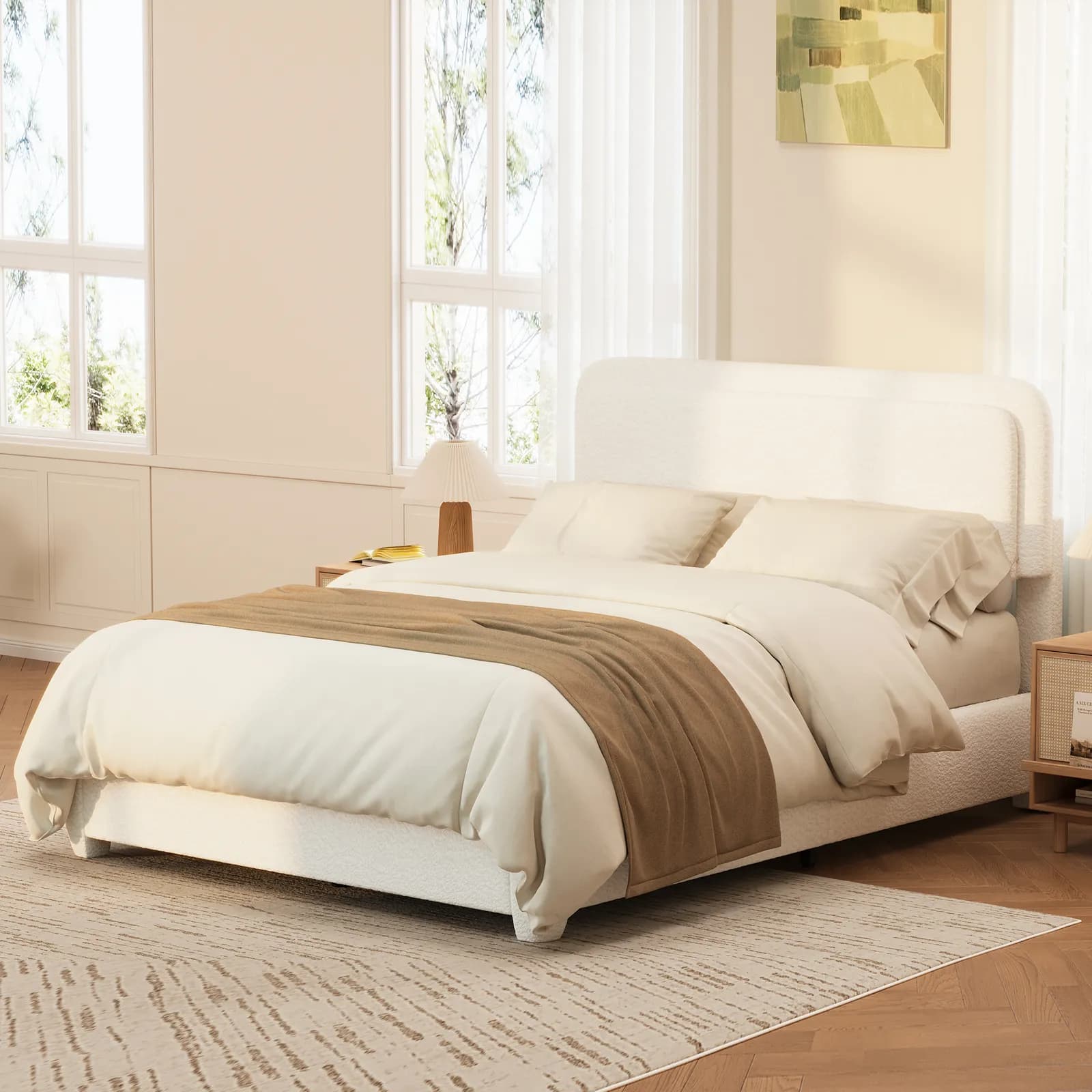 Boucle Full Bed Frame with Adjustable Height Headboard, Modern Platform Bed with Curved…