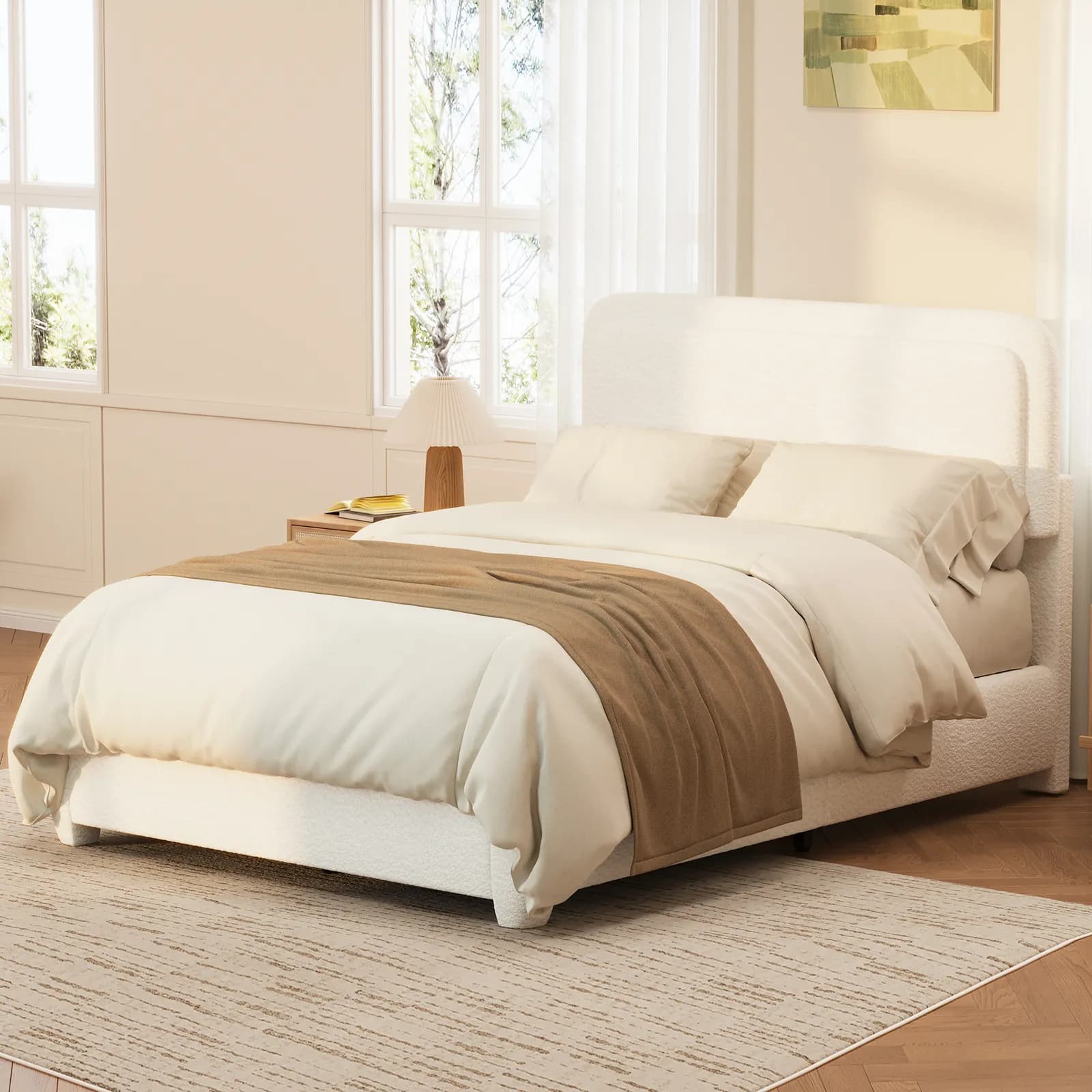 Boucle Queen Bed Frame with Adjustable Height Headboard, Modern Platform Bed with Curved…
