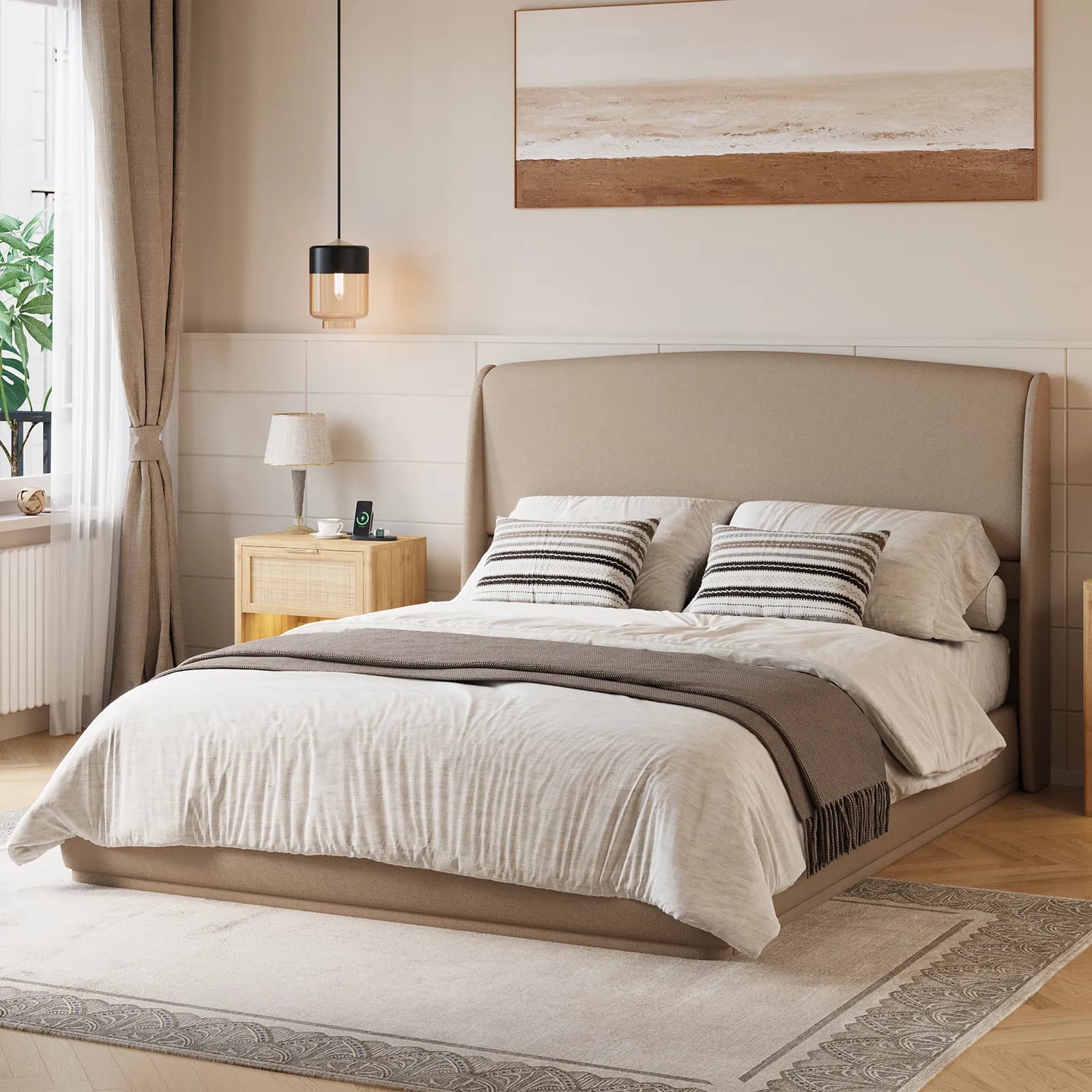 Upholstered Queen Bed Frame with Wingback Headboard, Low Profile Platform Bed with Padded…