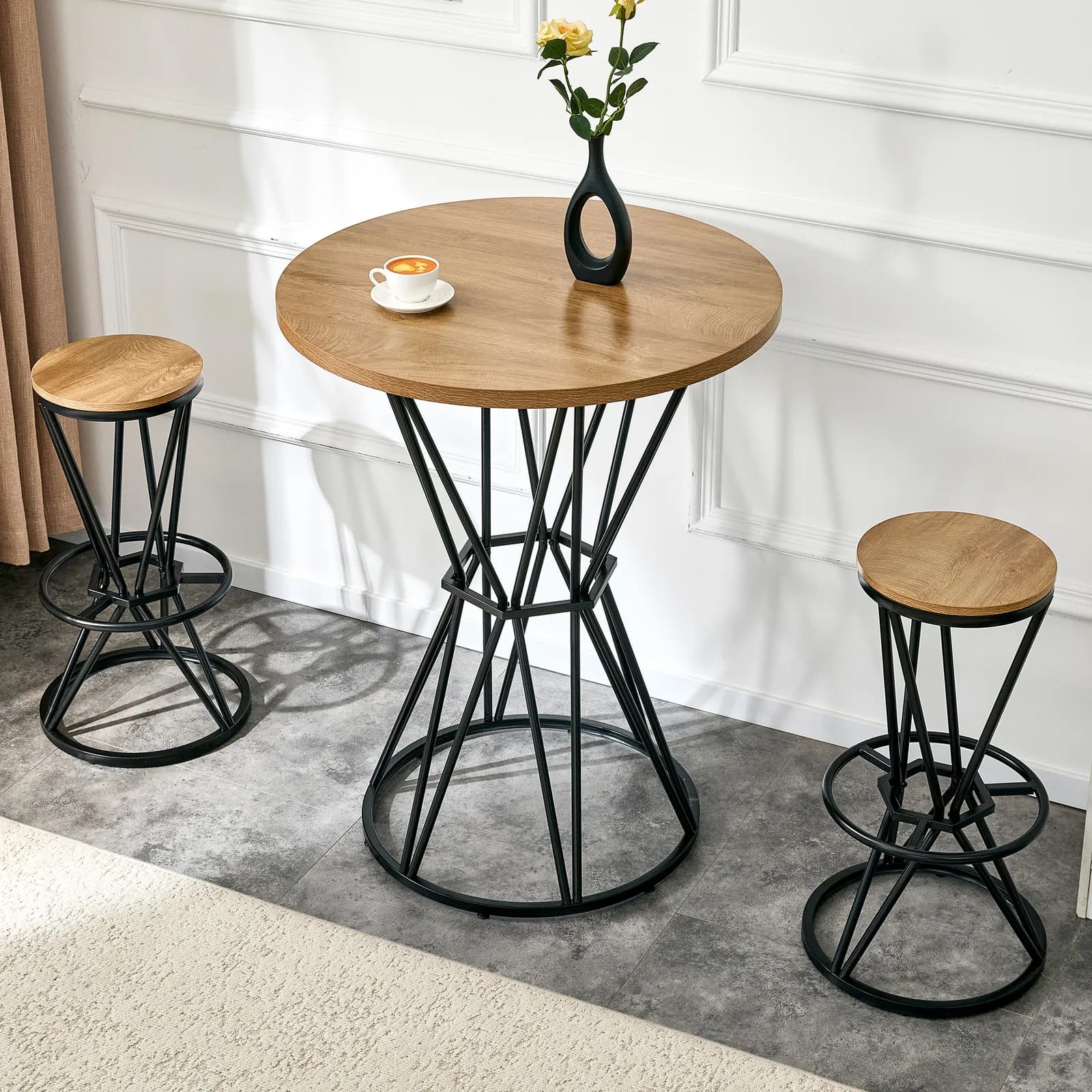 Single package bar, table, chair set, 31, 5-inch wood grain MDF tabletop with black metal…