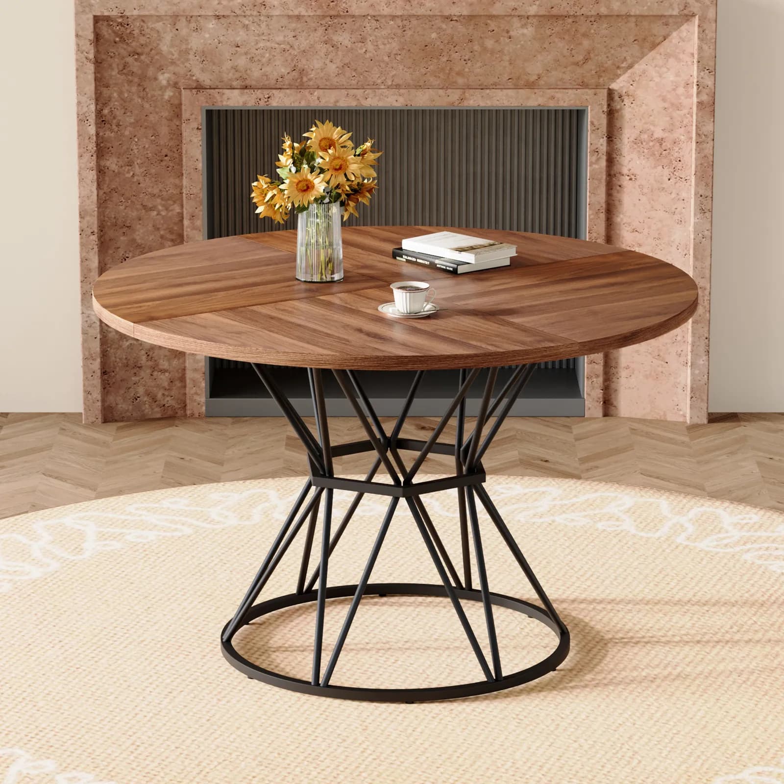 A circular dining table with a diameter of 47, 3 inches, featuring 4 walnut wood grain…