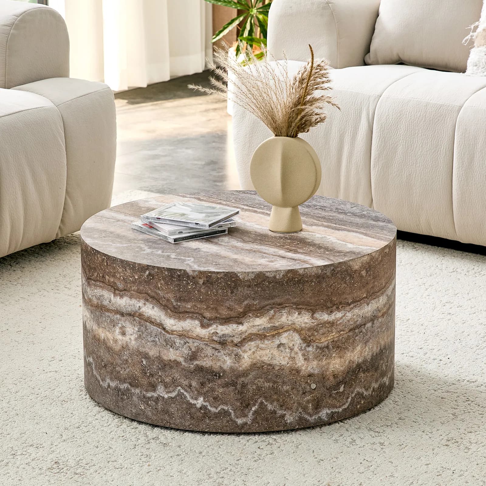 Cave stone patterned MDF round coffee table, 23, 6 inches in diameter x 11, 8 inches in…