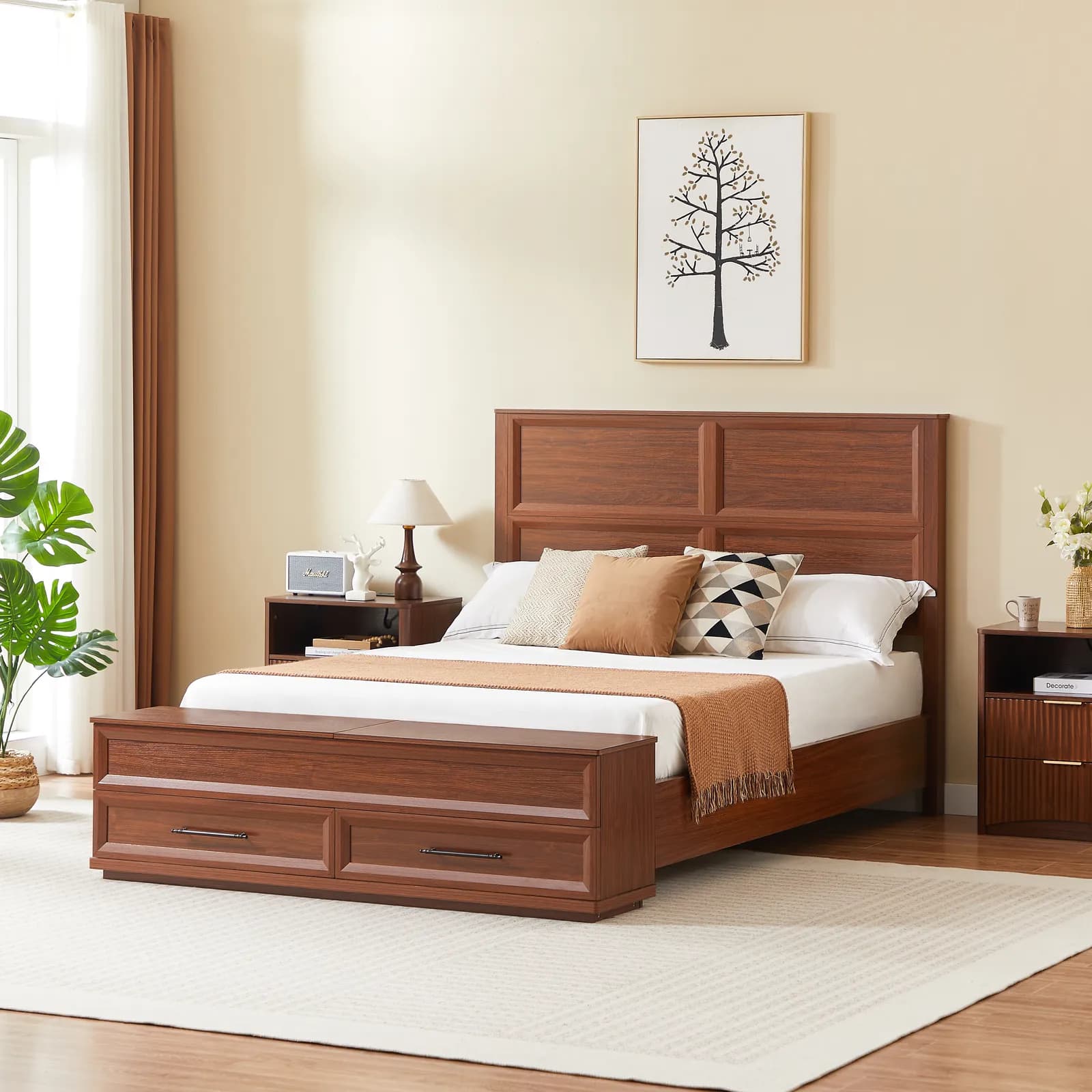 Queen Size Bed with 3D Geometric Headboard & Storage Bench - 4-Drawer Storage, Modern…