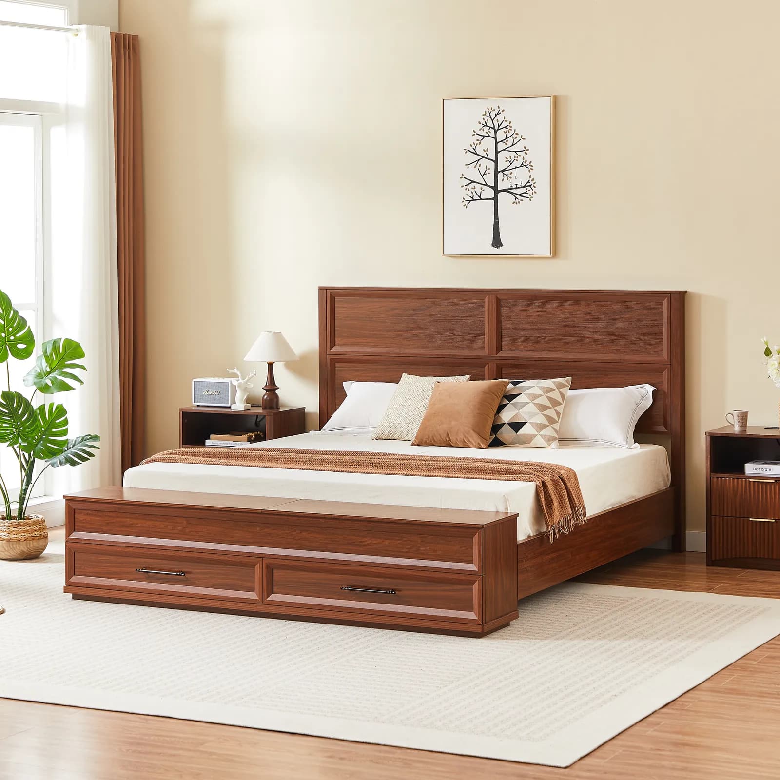 King Size Bed with 3D Geometric Headboard & Storage Bench - 4-Drawer Storage, Modern…
