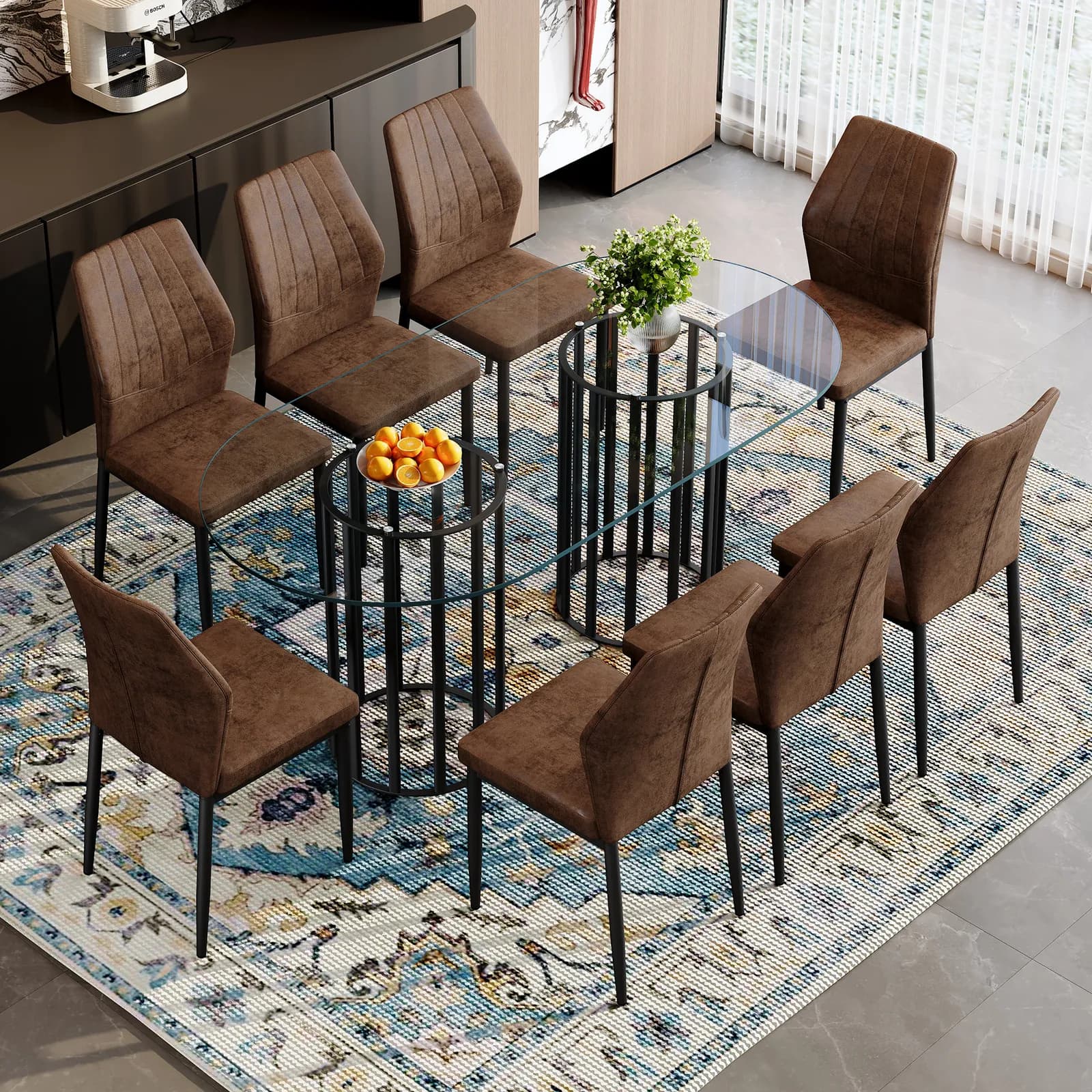 Table and chair set, 71 inch oval tempered glass dining table, black double column light…