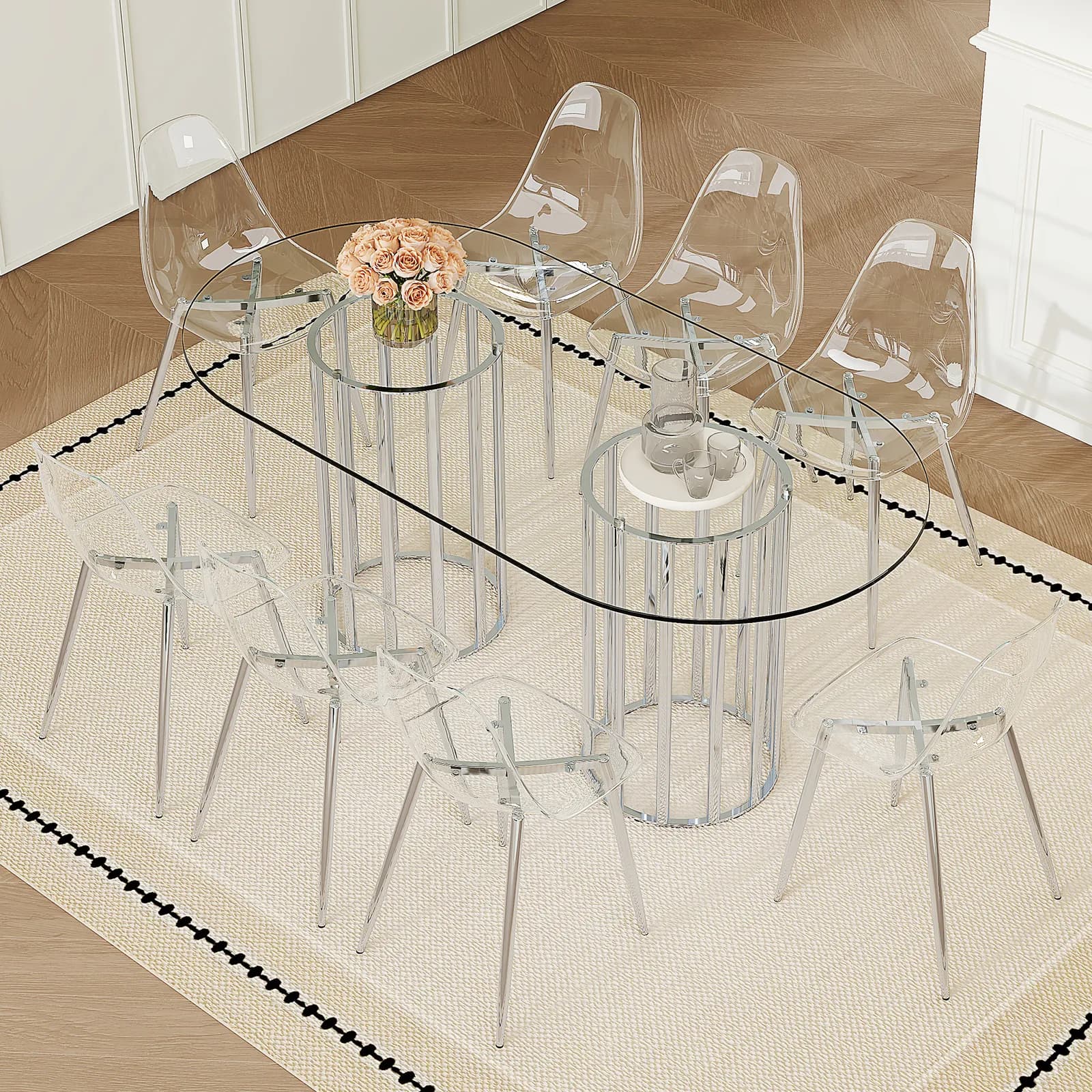 Table and chair set, 71 inch oval tempered glass dining table, silver double column light…