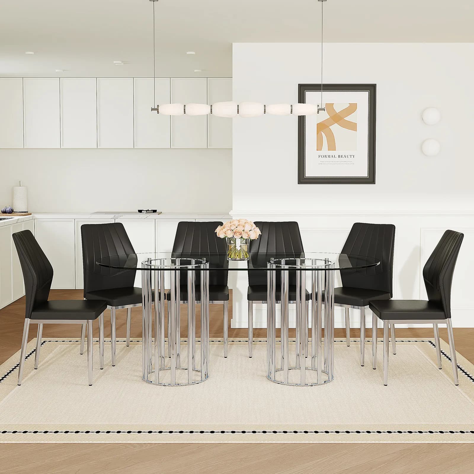Table and chair set, 71 inch oval tempered glass dining table, silver double column light…