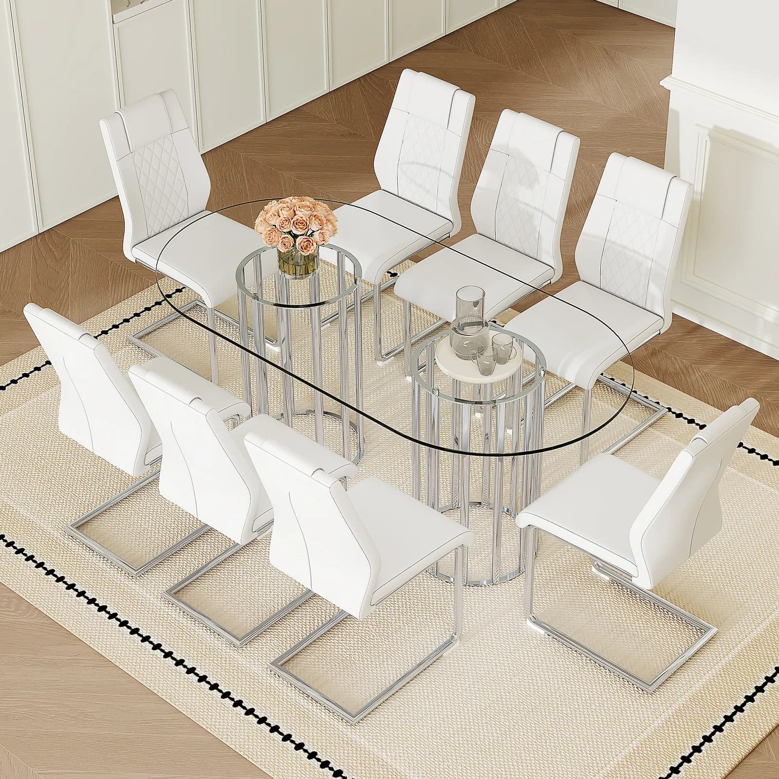 Table and chair set, 71 inch oval tempered glass dining table, silver double column light…