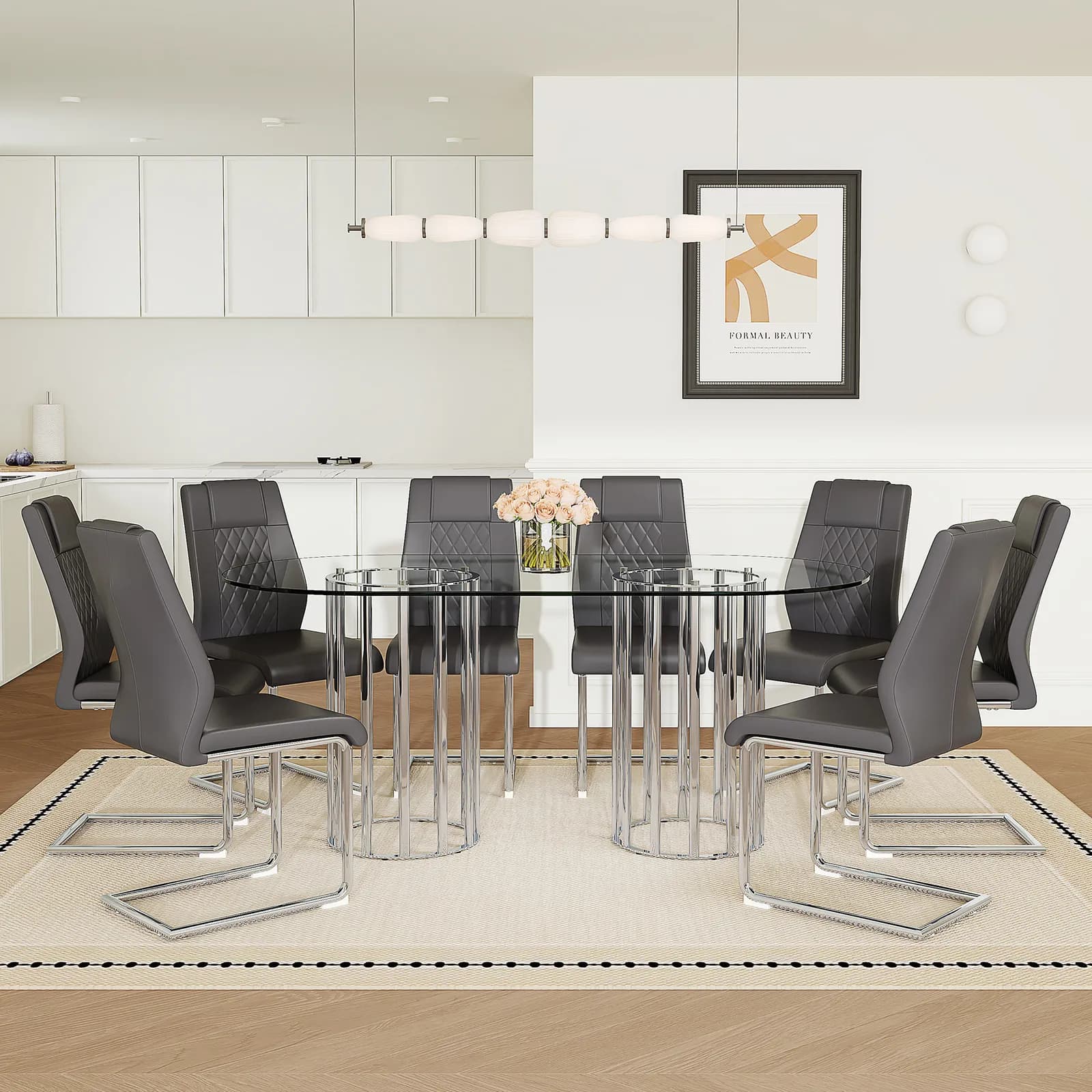 Table and chair set, 71 inch oval tempered glass dining table, silver double column light…