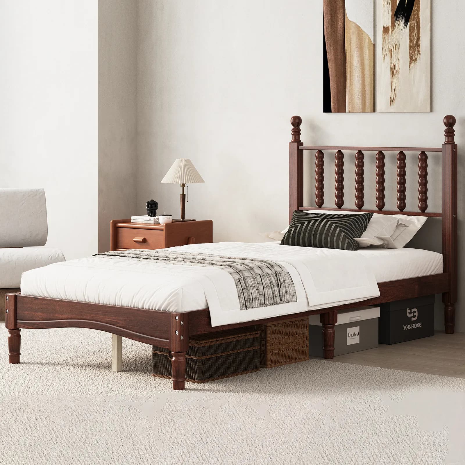 Twin Size Wood Platform Bed with Gourd Shaped Headboard, Retro Style Platform Bed with…