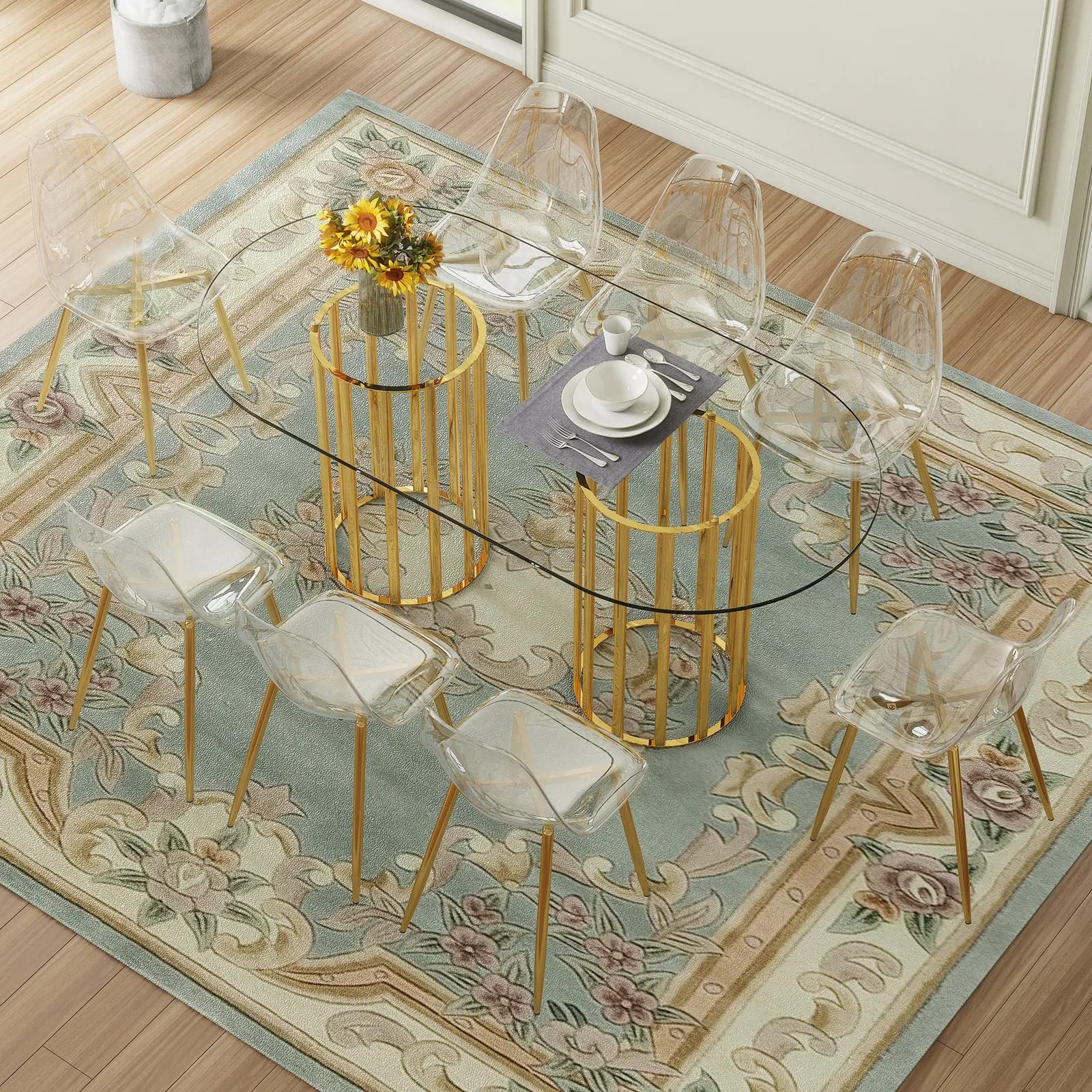 Table and chair set, 71 inch oval tempered glass dining table, gold double column light…