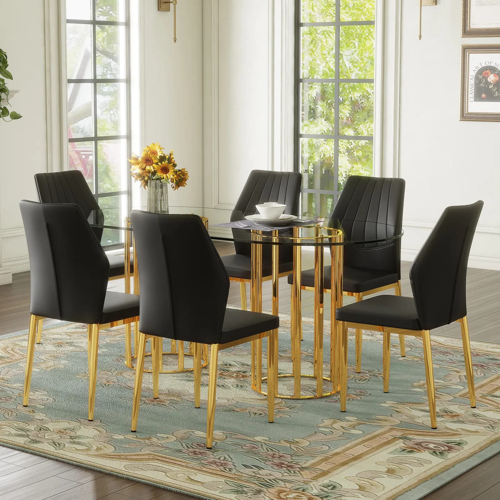 Table and chair set, 71 inch oval tempered glass dining table, gold double column light…