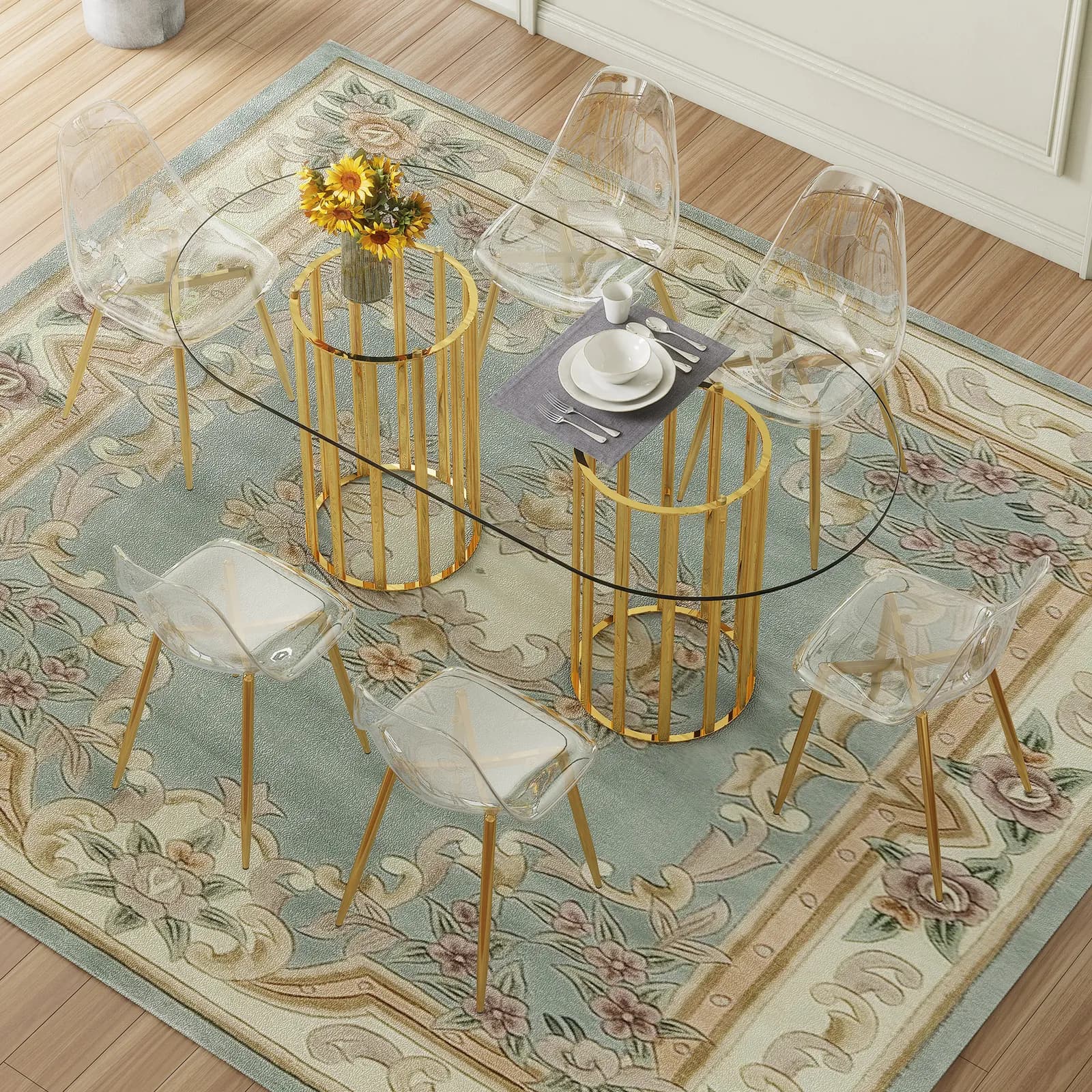 Table and chair set, 71 inch oval tempered glass dining table, gold double column light…