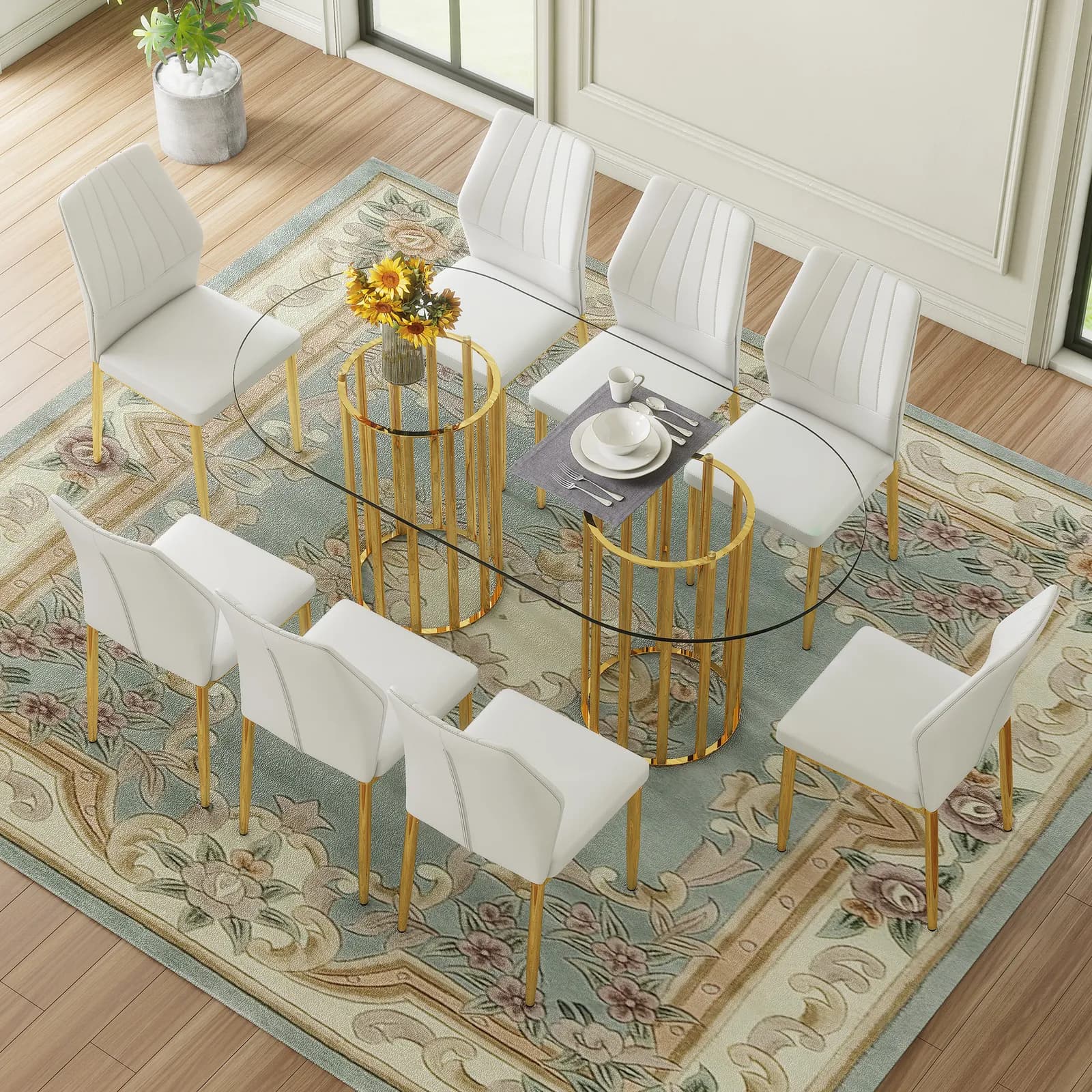 Table and chair set, 71 inch oval tempered glass dining table, gold double column light…