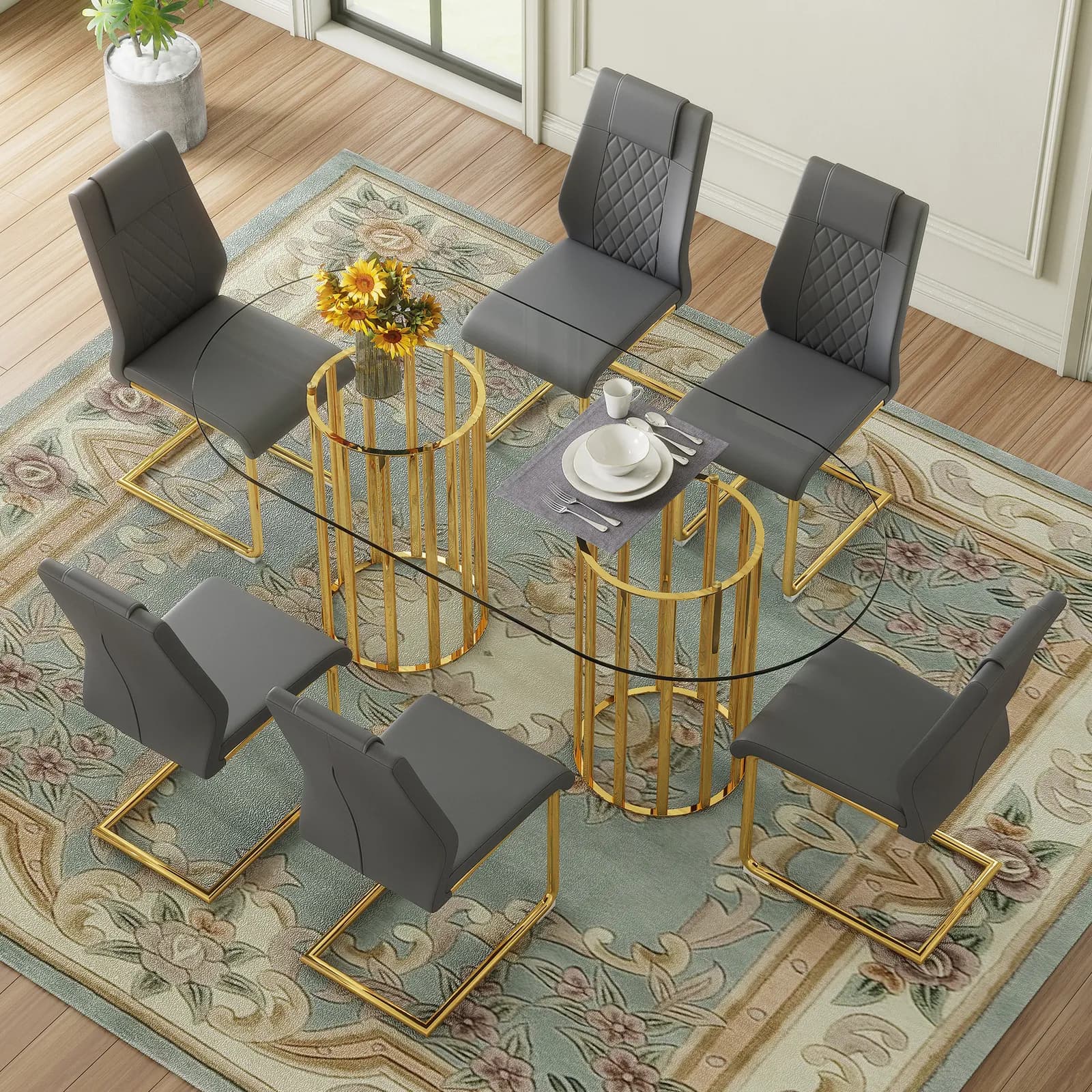 Table and chair set, 71 inch oval tempered glass dining table, gold double column light…