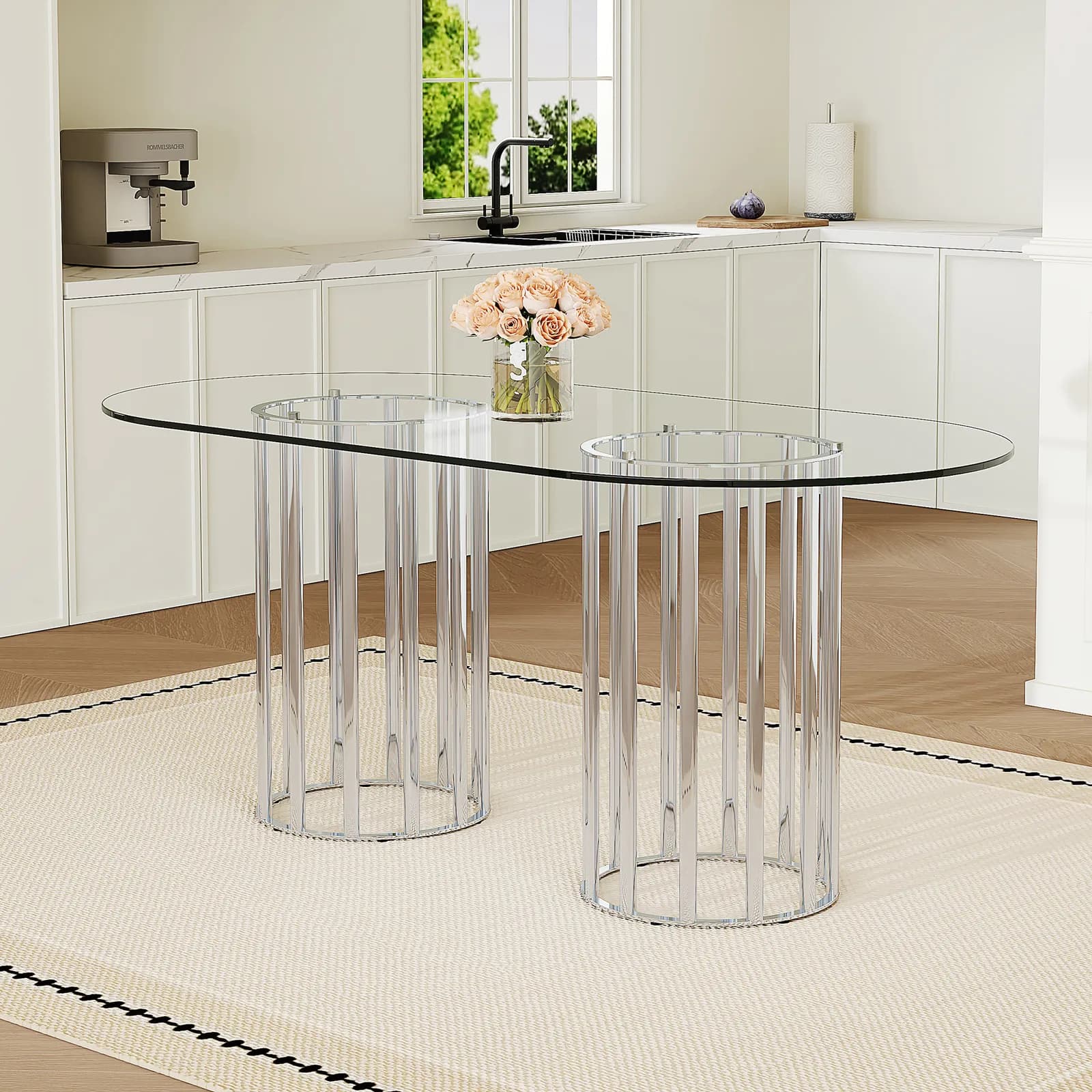 71 inch oval tempered glass dining table, silver double column light luxury style,…