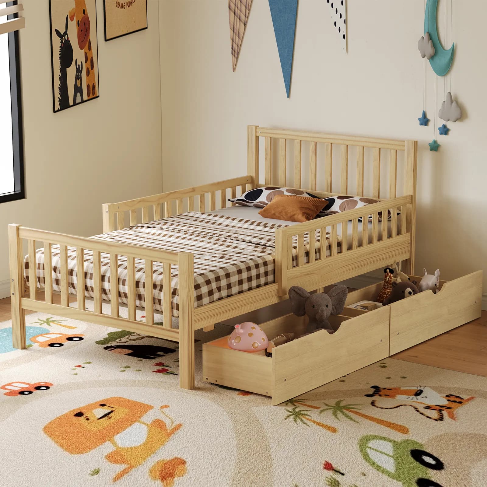 Twin Size Wood Platform Bed with Guardrails on Both Sides and Two Storage Drawers, Natural