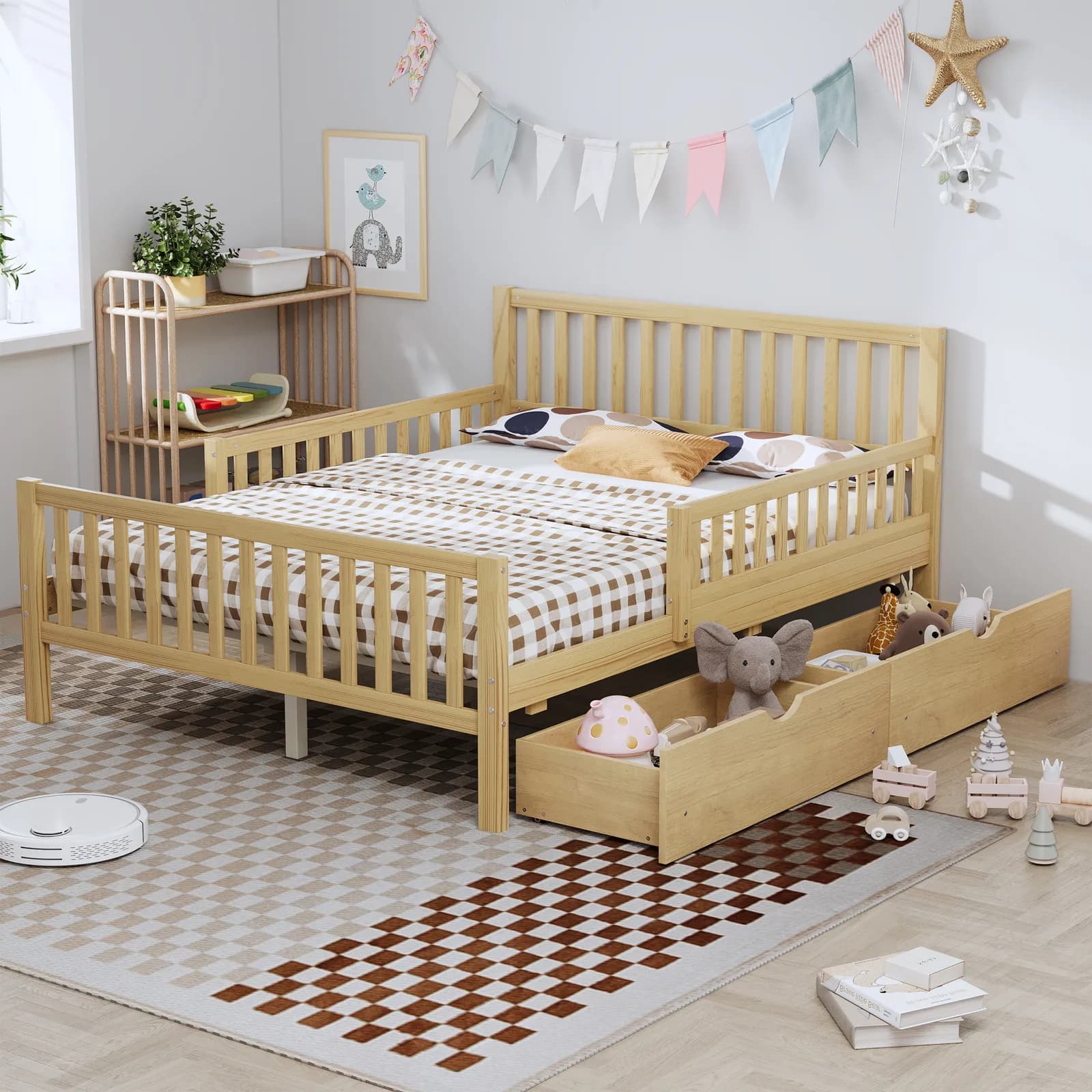 Full Size Wood Platform Bed with Guardrails on Both Sides and Two Storage Drawers, Natural