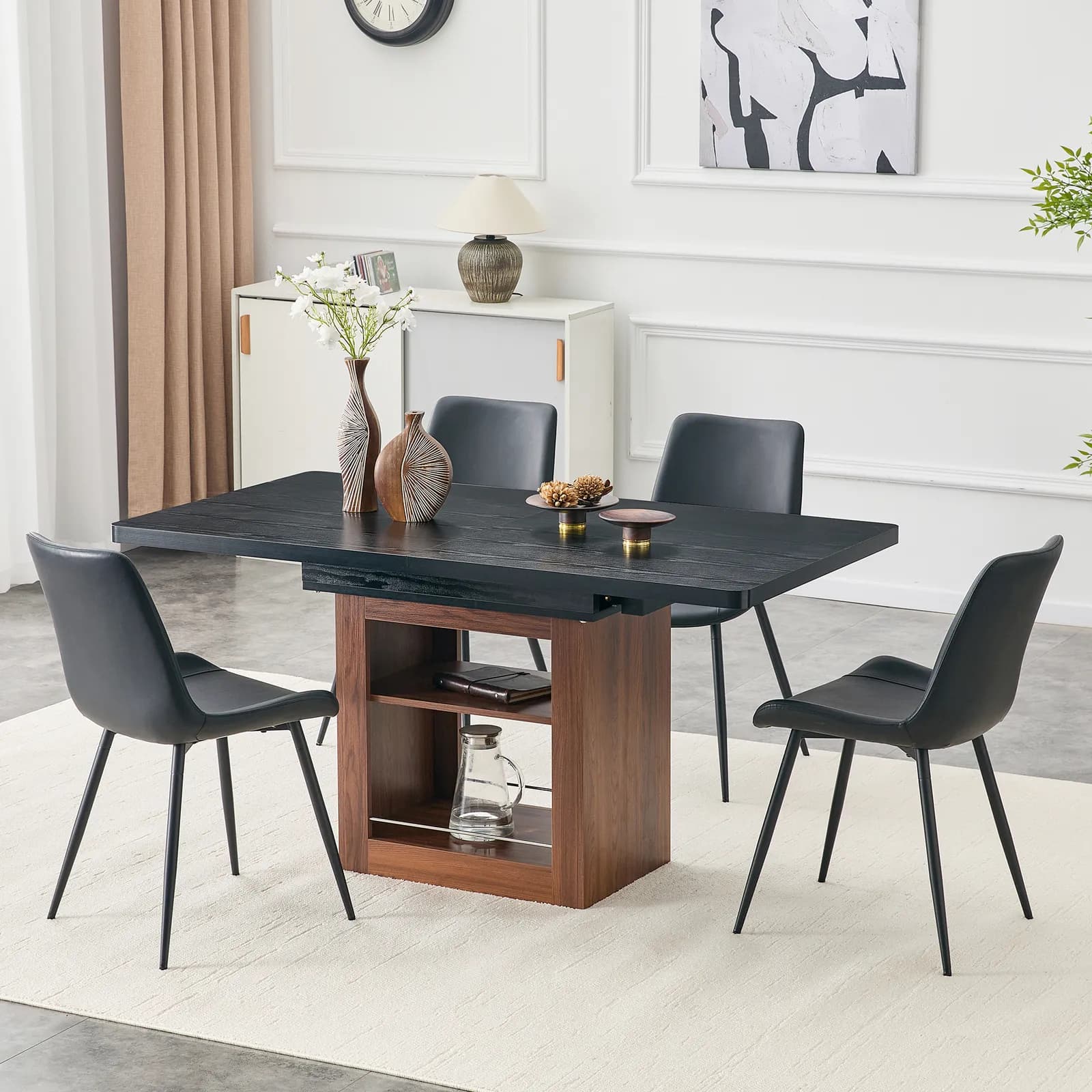 Expandable Dining table and chair set, 59-71 inch pull-out table, Paired With 4 Black…