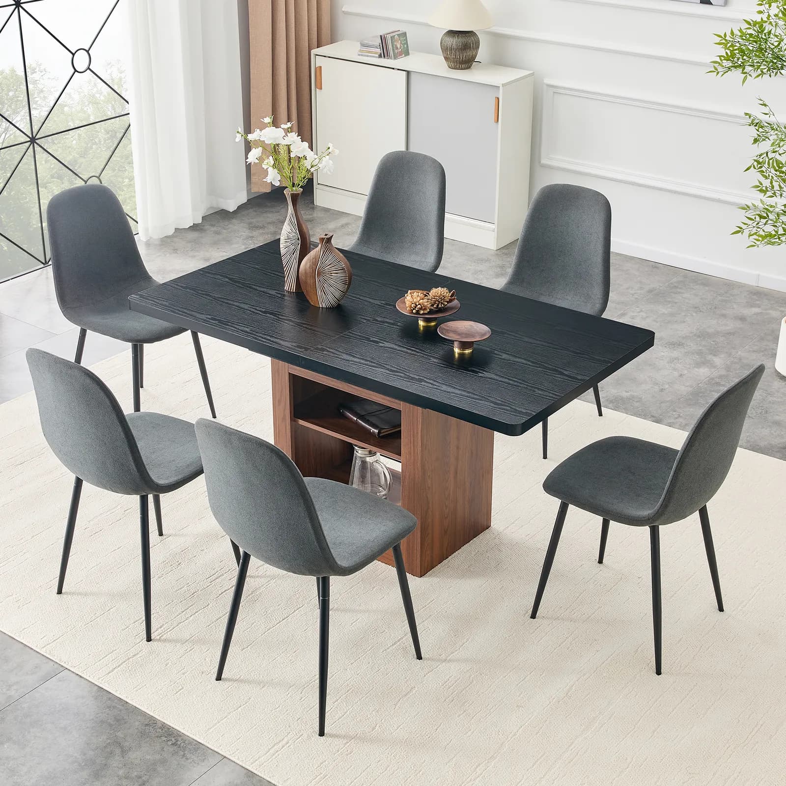 Expandable Dining table and chair set, 59-71 inch pull-out table, Paired With 6 Dark Gray…