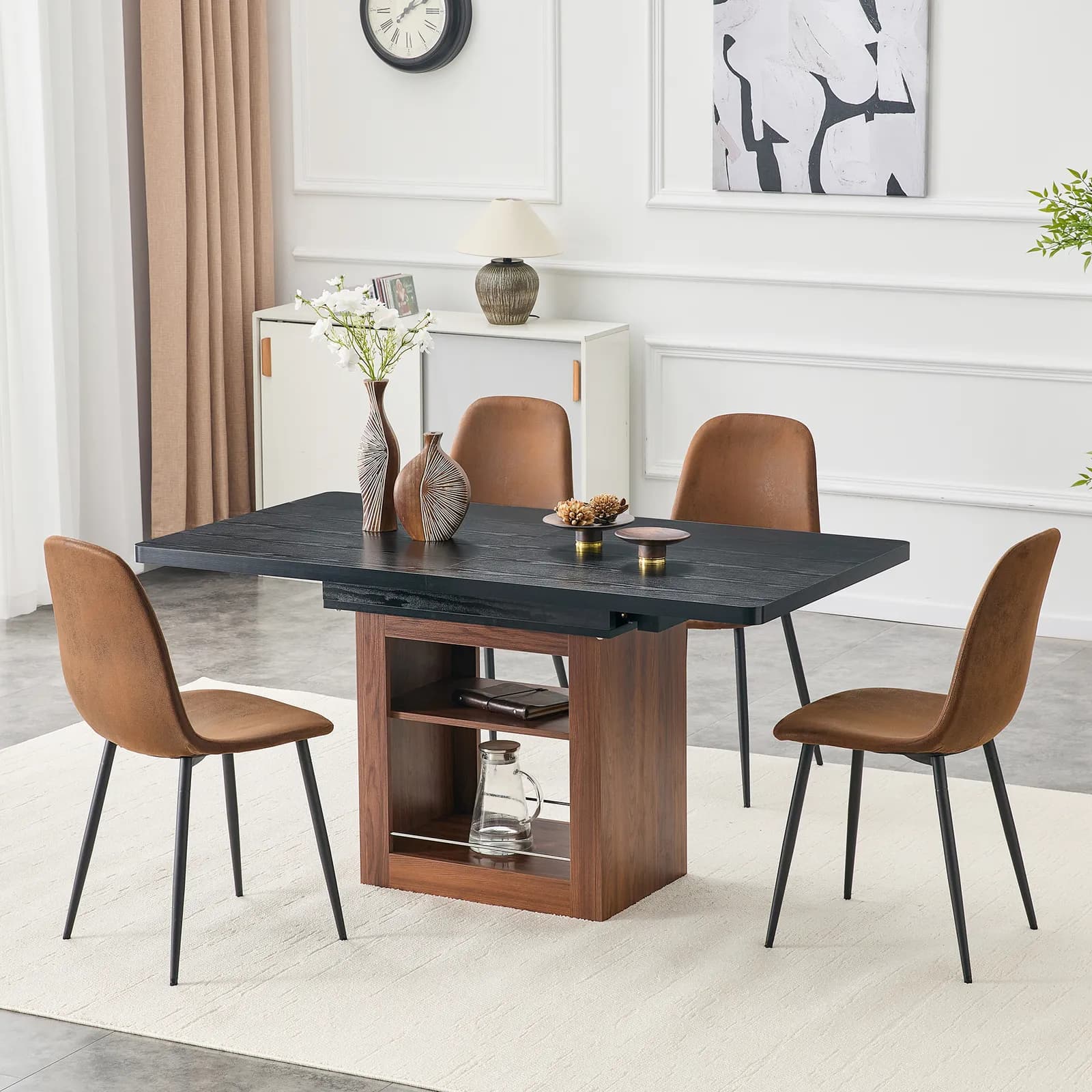 Expandable Dining table and chair set, 59-71 inch pull-out table, 4-piece set of…