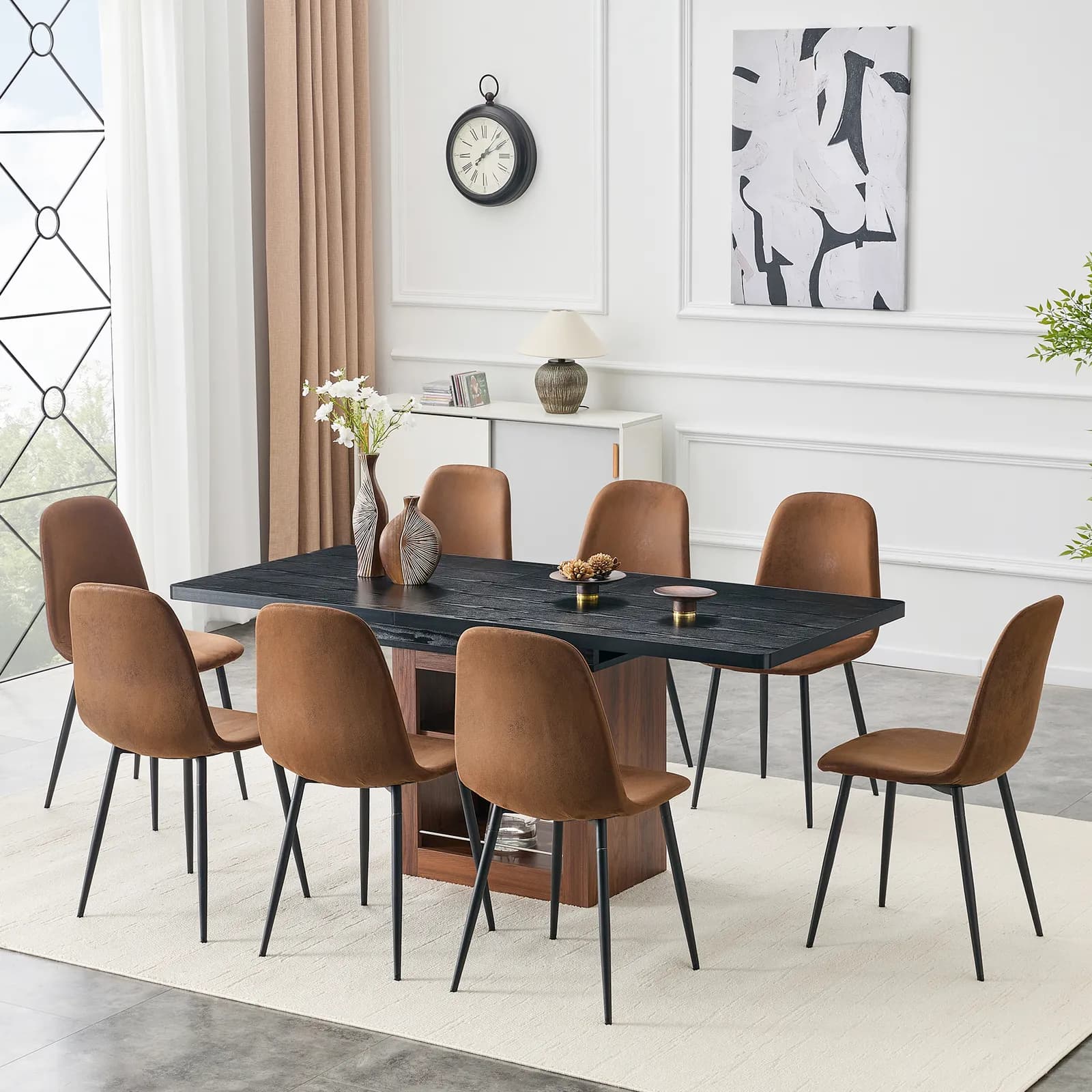 Expandable Dining table and chair set, 59-71 inch pull-out table, Paired With 8…