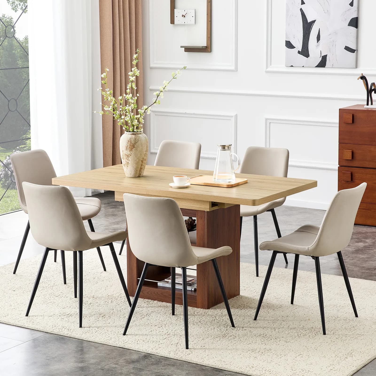 Scalable dining table and chair set, 59-71 inch pull-out table, 6-piece set of Warm Gray…
