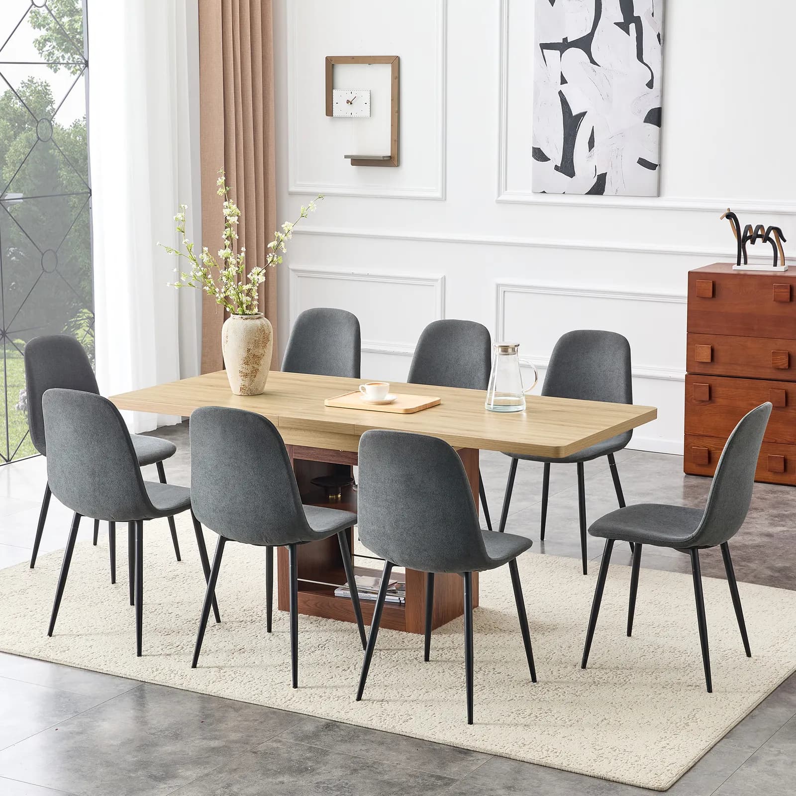 Scalable dining table and chair set, 59-71 inch pull-out table, 8-piece set of Dark Gray…