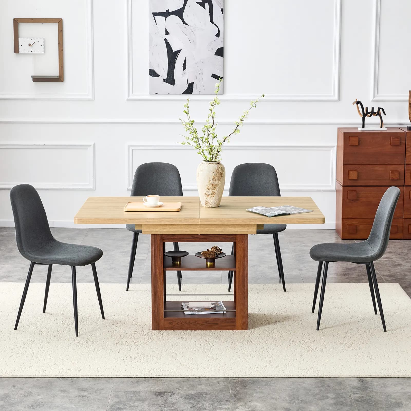 Scalable dining table and chair set, 59-71 inch pull-out table, 4-piece set of Dark Gray…