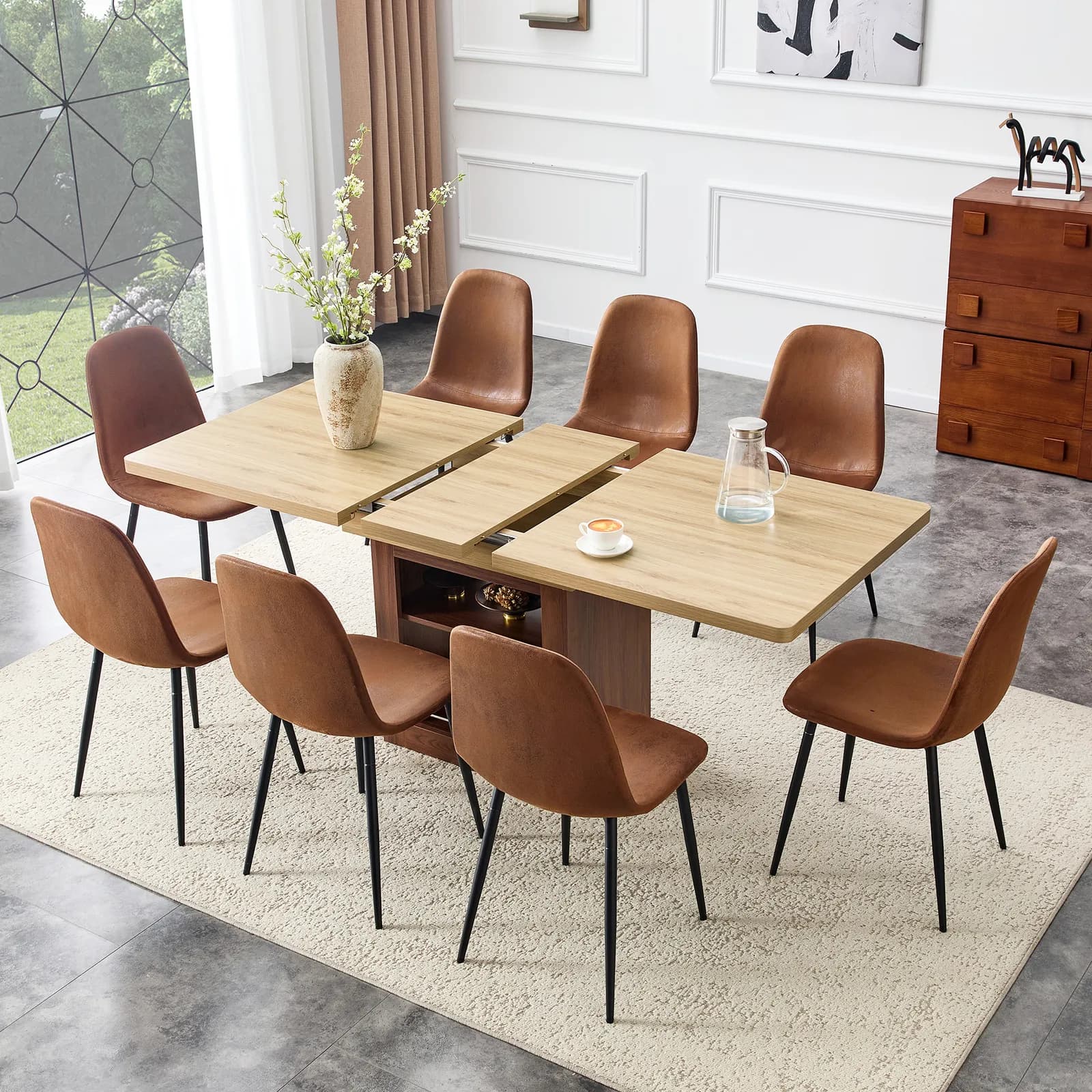 Scalable dining table and chair set, 59-71 inch pull-out table, 8-piece set of…