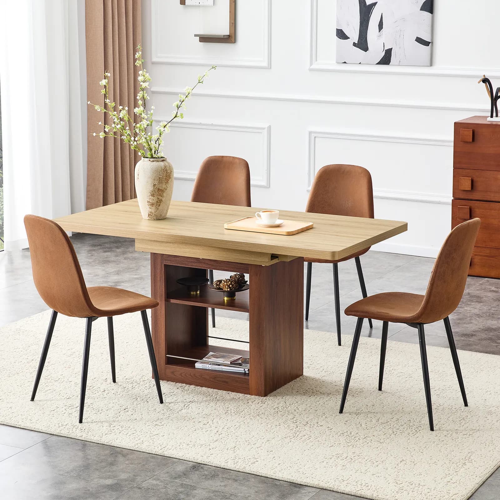 Scalable dining table and chair set, 59-71 inch pull-out table, 4-piece set of…