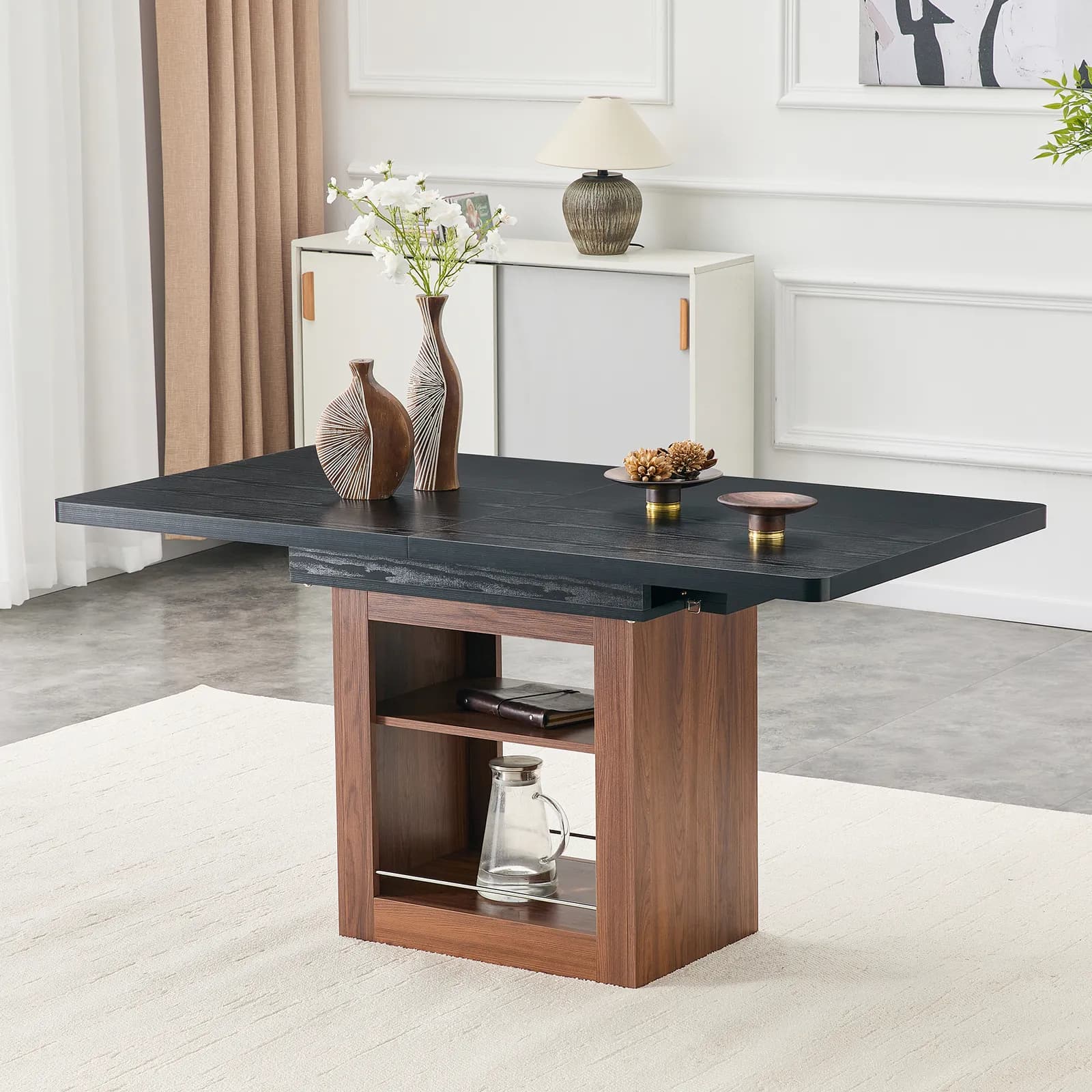 An expandable dining table with storage space and a 59 inch to 71 inch expandable kitchen…