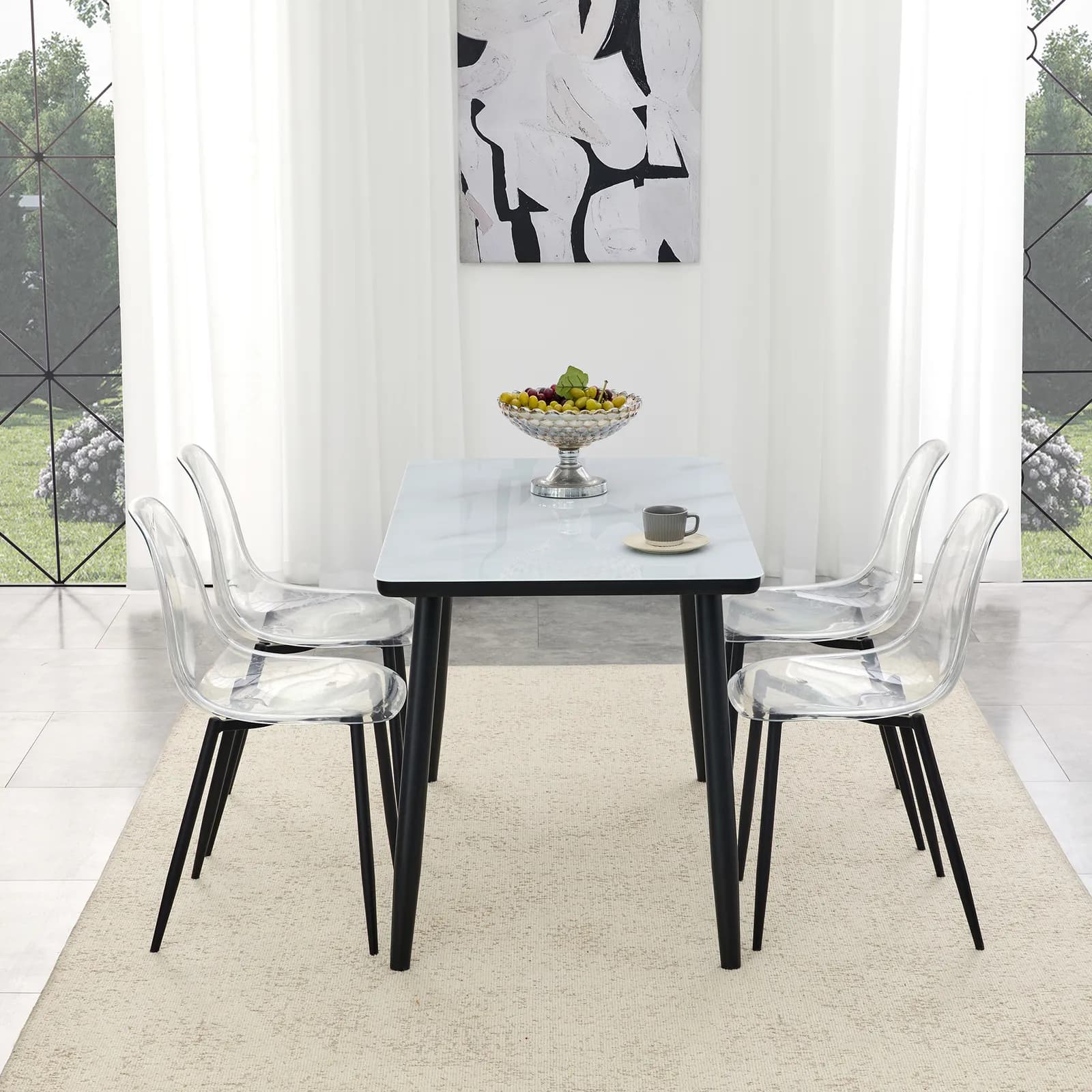 Table and Chair Set, White imitation marble texture glass top + lower black MDF board,…