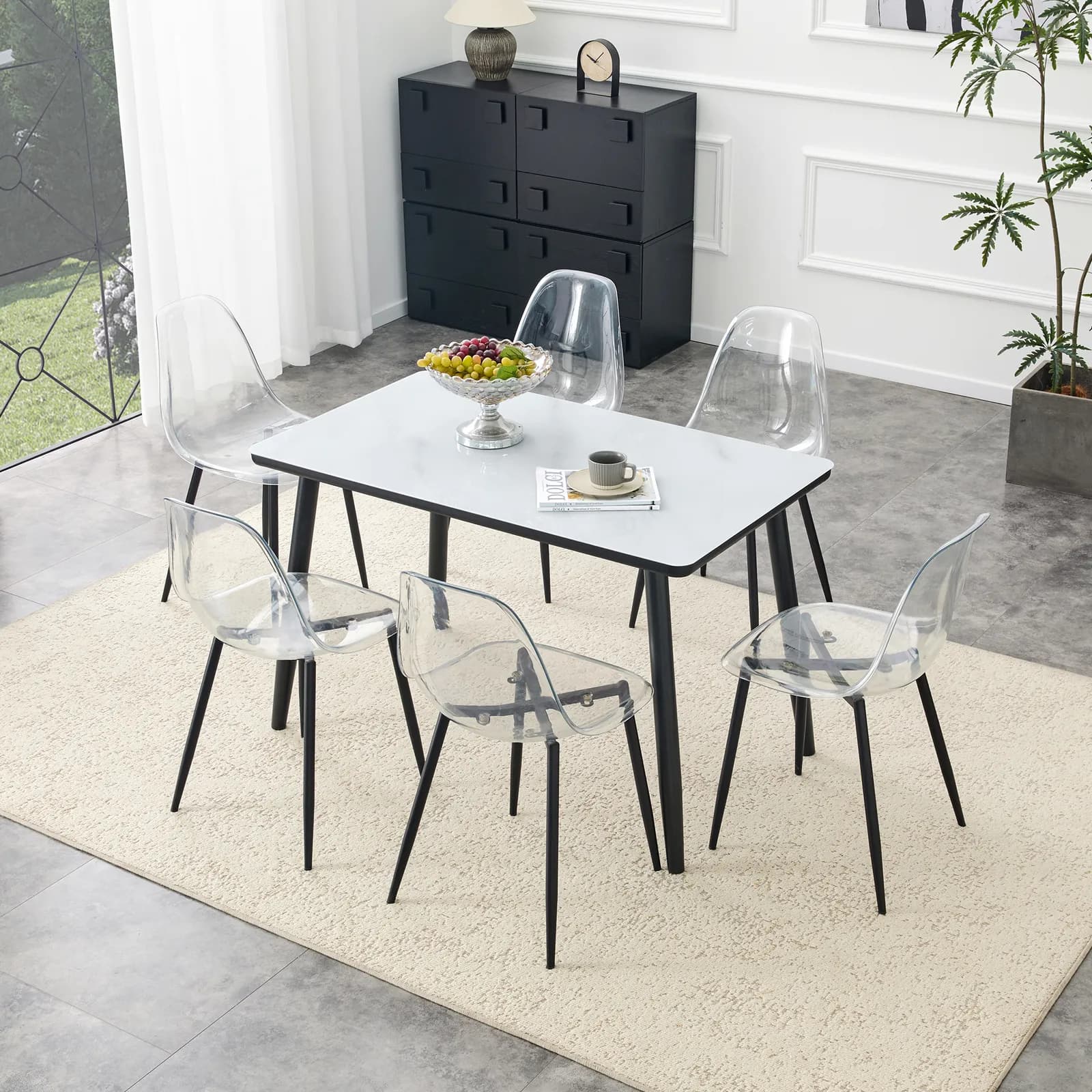 Table and Chair Set, White imitation marble texture glass top + lower black MDF board,…