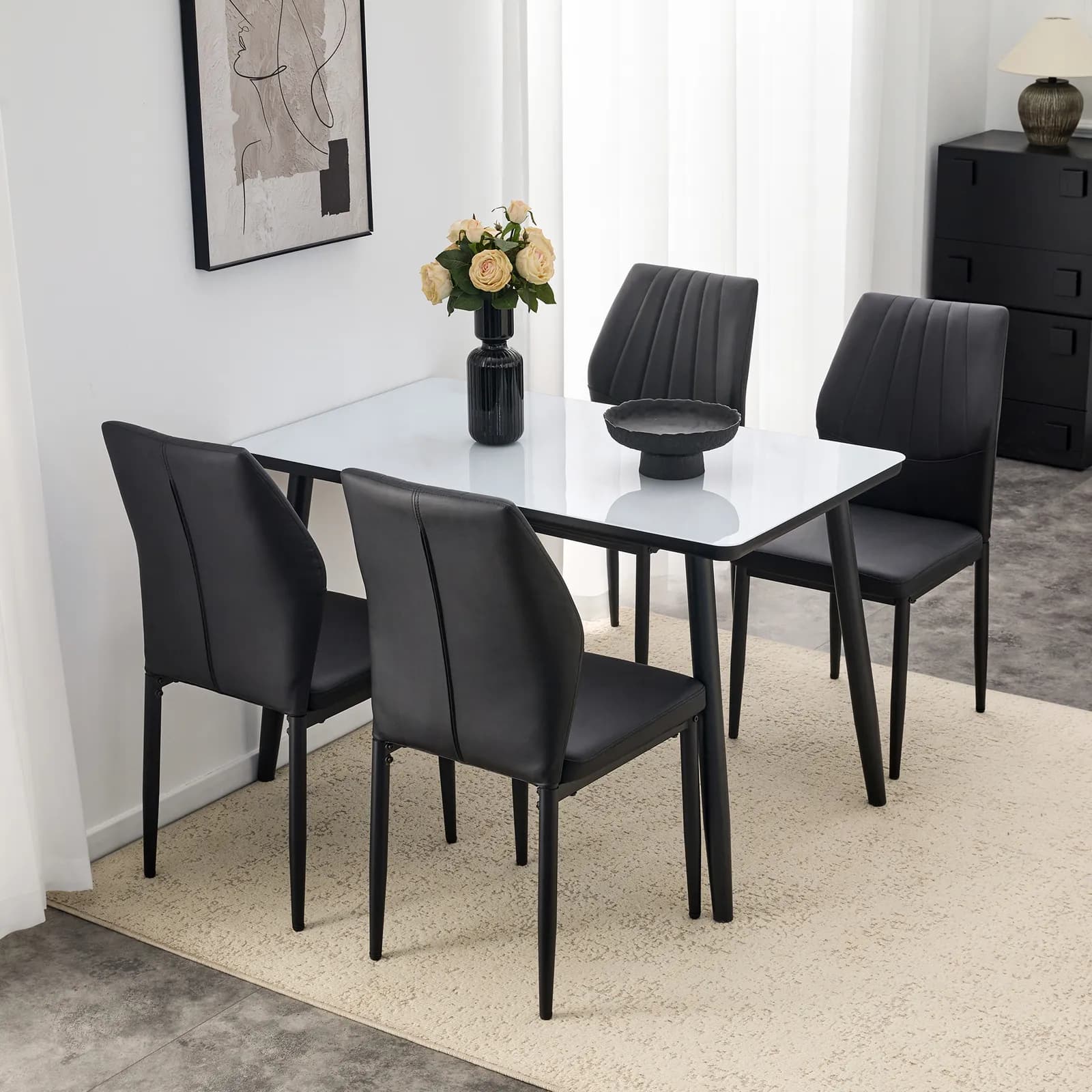Table and Chair Set, Modern dining table, White imitation marble texture glass top +…
